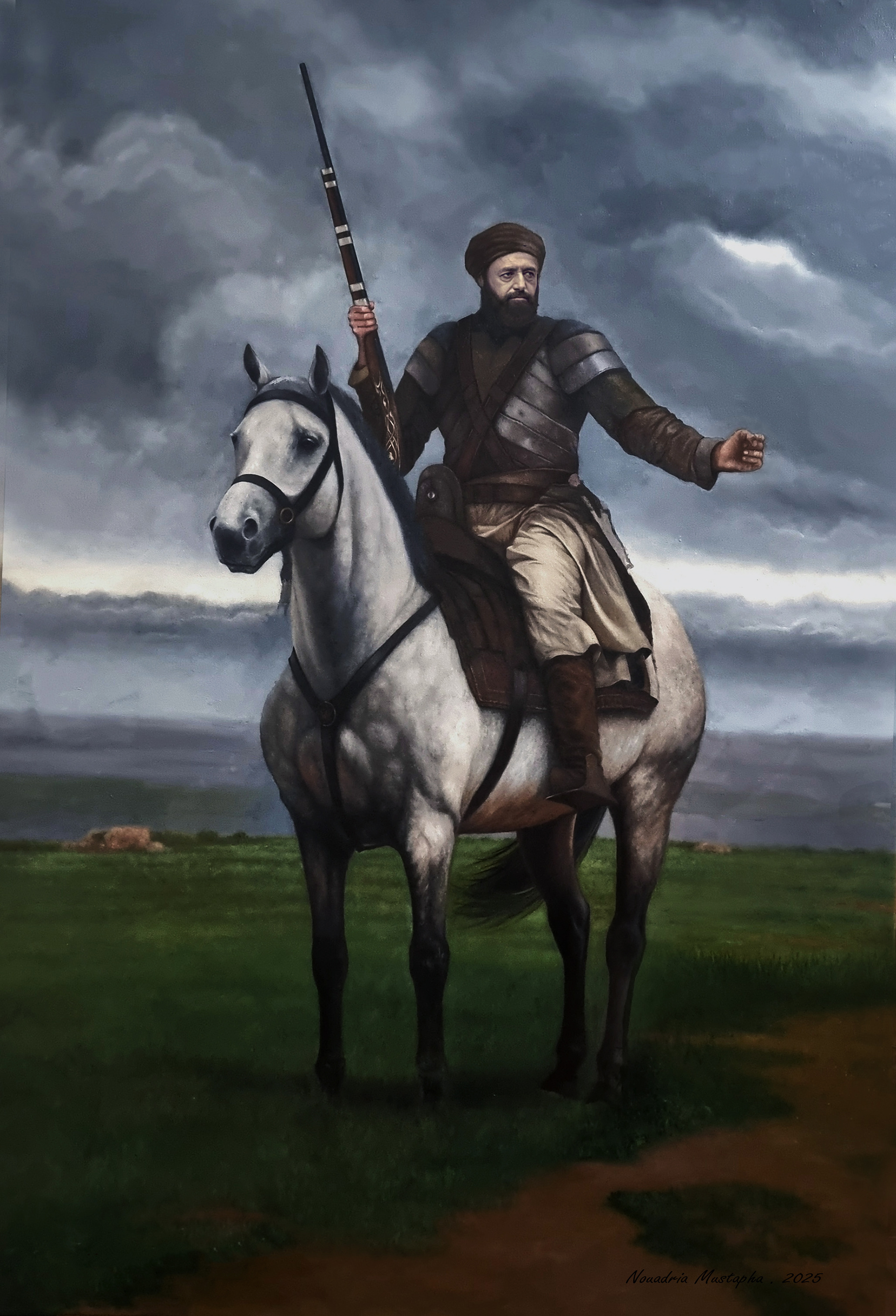 Emir Abdelkader: The Call to Action by Mustapha Nouadria. Astride a noble gray steed, the Emir signals his troops under a stormy, epic sky. This oil work captures his resolute command and warrior spirit against a dramatic backdrop of resistance.