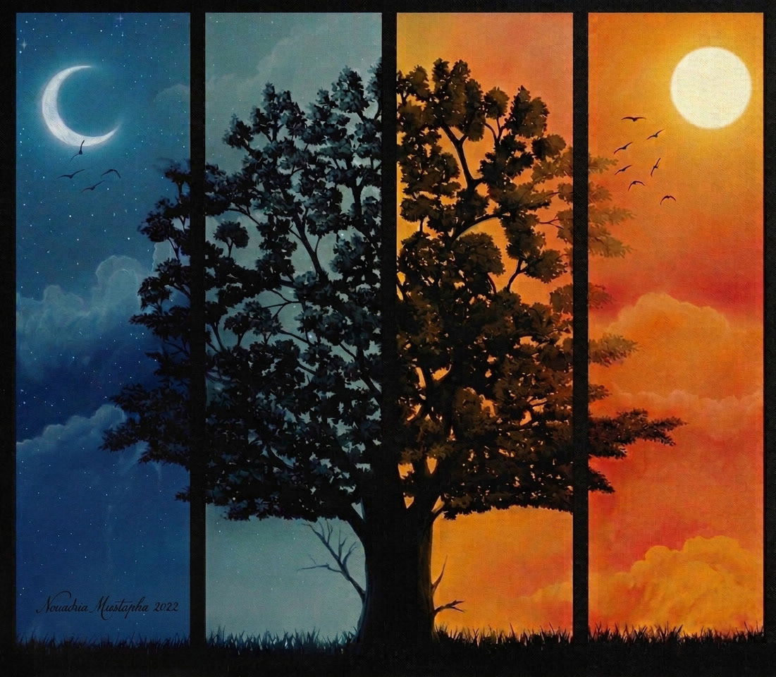 An oil artwork of a large tree divided into four vertical panels depicting different times of day and seasons, from a moonlit night on the left to a warm bright sunset on the right, featuring a handwritten signature at the bottom left.