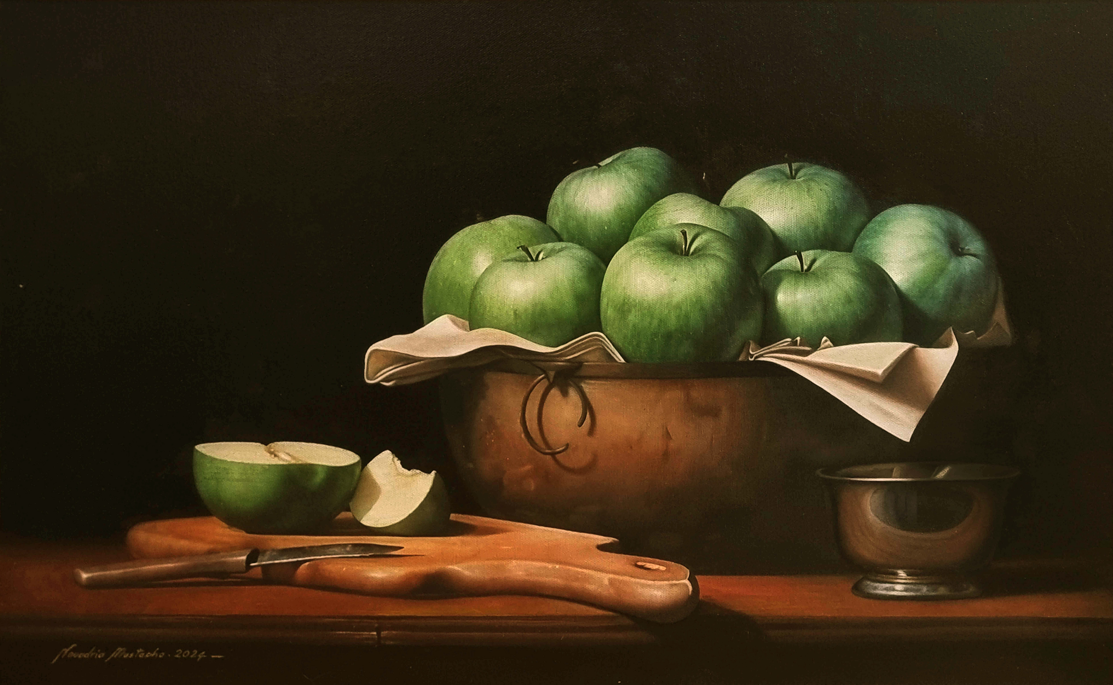 A meticulous texture study in classical realism. This work by Mustapha Nouadria contrasts matte green apples with metallic copper and silver sheens. A dark background adds depth, while the sliced apple and knife add a touch of dynamic realism.