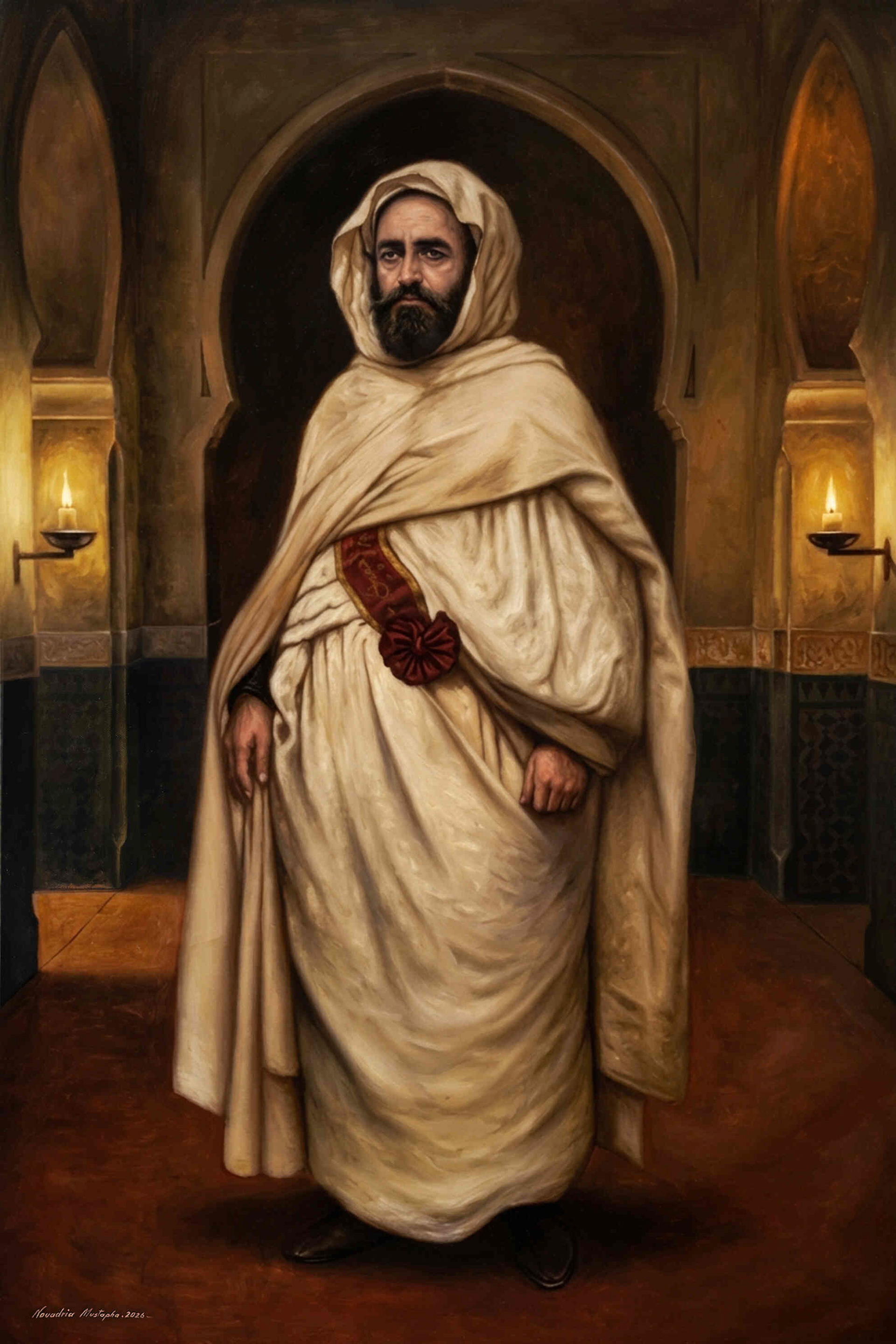 A detailed oil painting of Emir Abdelkader of Algeria standing in traditional white attire, set against Islamic architectural arches and warm candle lighting.