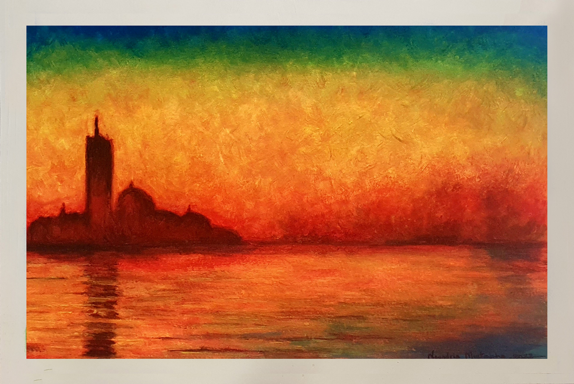 A warm sunset composition by Mustapha Nouadria. Using impasto strokes for rhythmic water texture, this work balances fiery reds and yellows with cool sky tones. Dark silhouettes anchor the perspective against the horizon’s brilliant intensity.