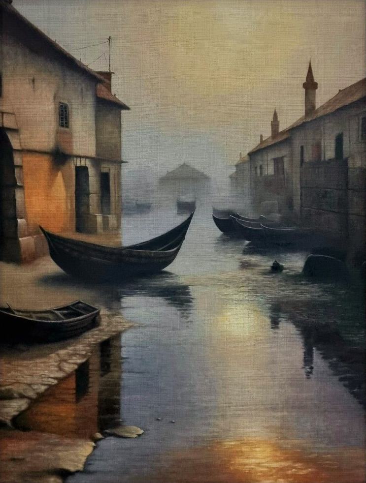 Foggy Horizon: An atmospheric oil work by Mustapha Nouadria. He captures reality melting into fog, contrasting dark buildings with golden water reflections. Here, boats symbolize tranquility, inviting contemplation of the stillness in a noisy world.