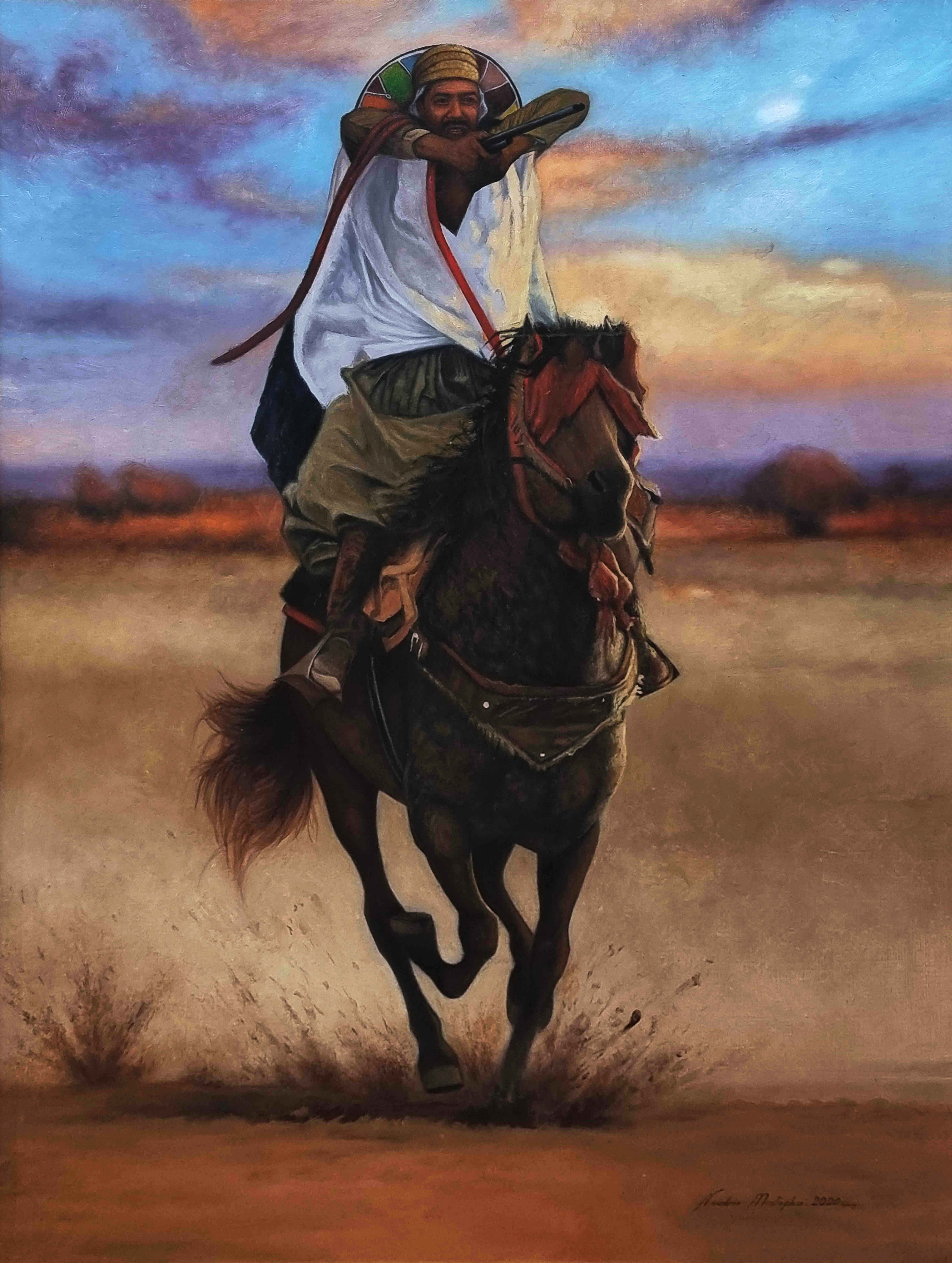 The Nationalist Knight: A cinematic oil work by Mustapha Nouadria. Depicting an Algerian rider in a bold attack, he masterfully blends sunset hues with anatomical precision. The flying dust and fluttering fabrics capture the pulse of heroic motion.