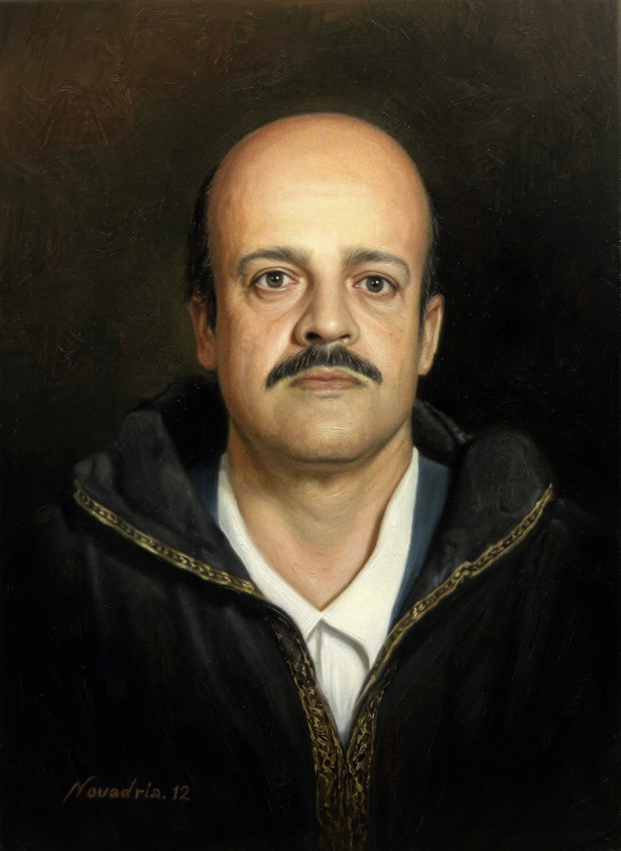 A painting of a man with a bald head, a mustache, wearing a white collared shirt and a black jacket. The artist's signature reads "Nouadria Mustapha, 12."