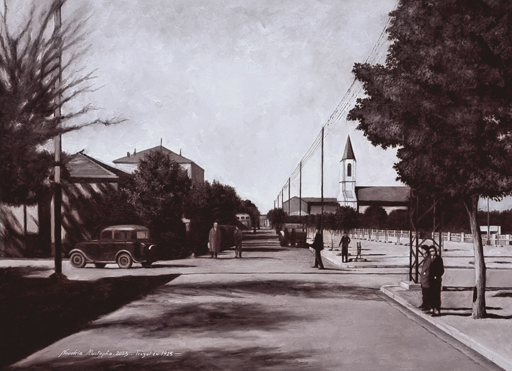 Trezel 1925: A historical evocation by Mustapha Nouadria. Using sepia tones and academic realism, this work recreates Sougueur’s Emir Abdelkader Street, capturing colonial architecture and shadows to document the city’s century-long transformation.