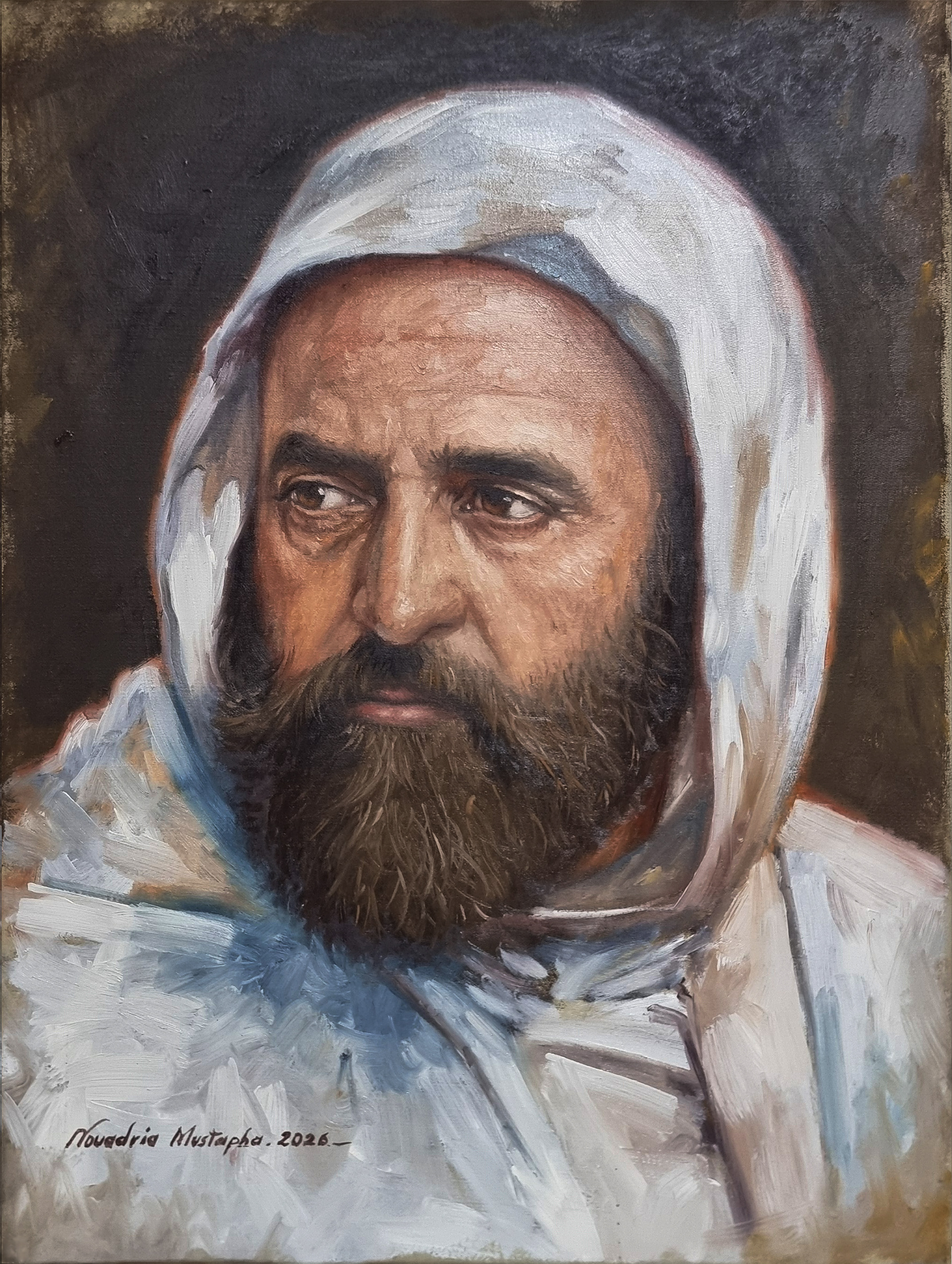 Realistic portrait of Emir Abdelkader with a long dark beard wearing a light gray headscarf and muted blue-gray robe, facing forward against a dark background; signed at the lower left.