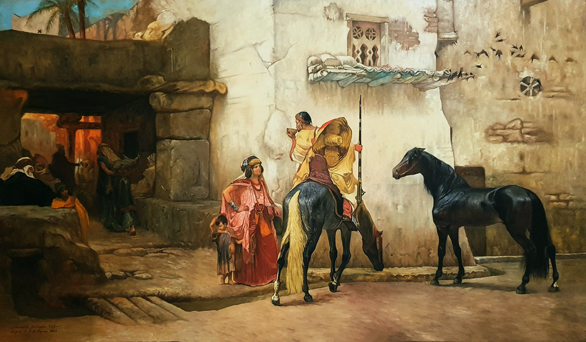 Street scene with people and horses in an Algerian Street in 18th setting. A man on horseback is in the center, with another horse standing to the right. People are gathered near an archway on the left, and a woman in a red robe stands near the horse