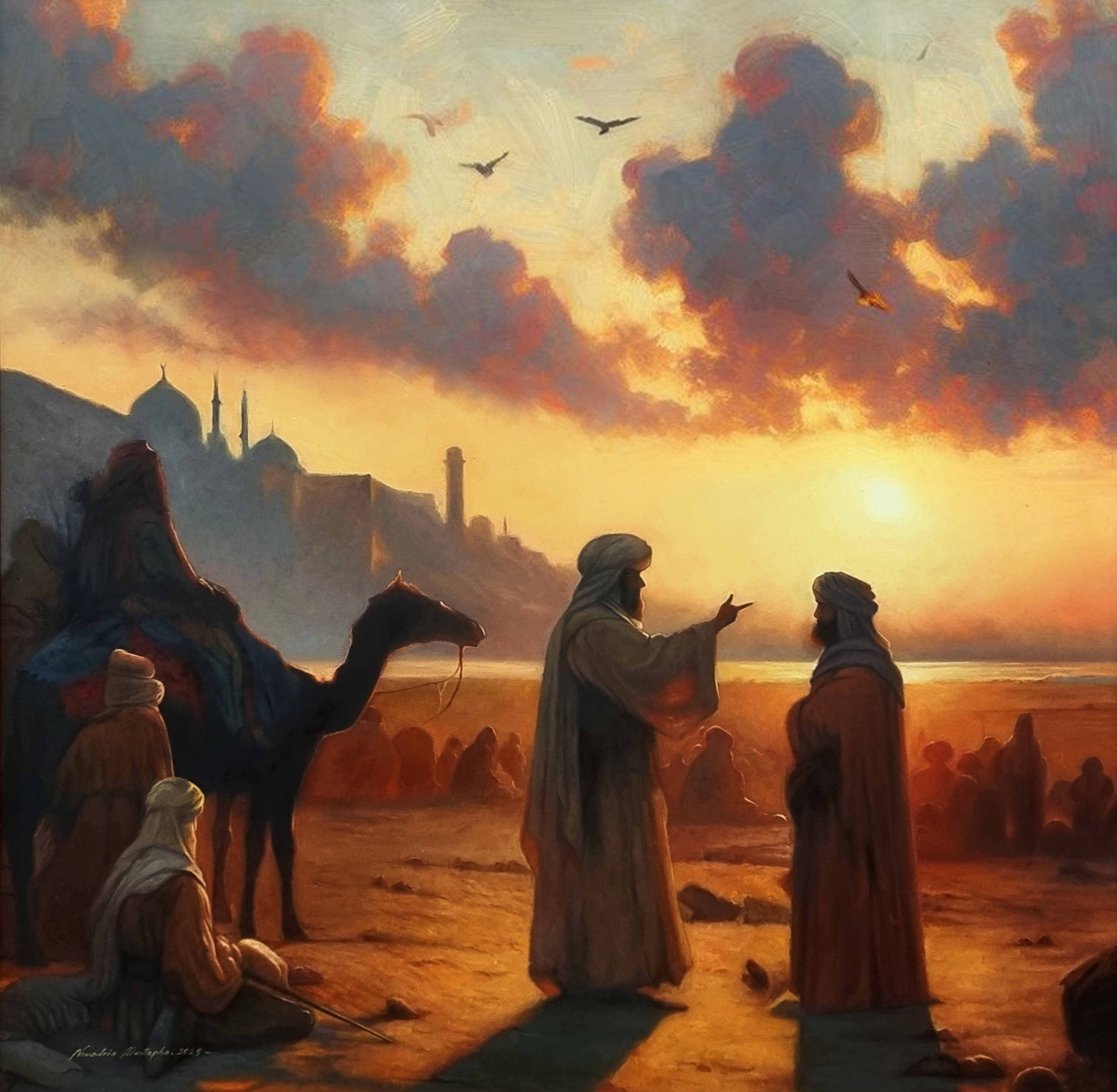 The Arrival: A majestic sunset scene by Mustapha Nouadria. Using dramatic backlighting, he transforms "The Sage" and his companion into silhouettes against a horizon of golden minarets, capturing a moment of peace after a long desert journey.