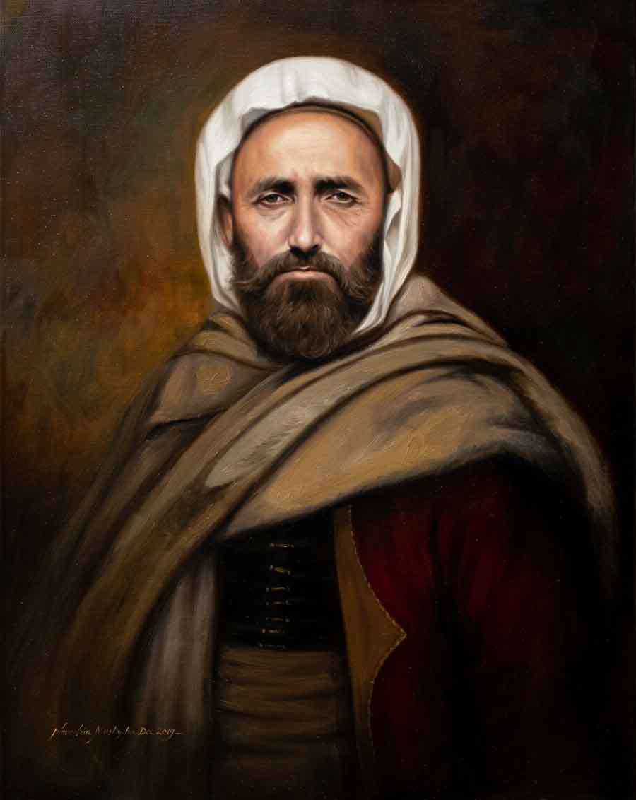 Oil painting portrait of Emir Abdelkader in traditional Algerian attire and white headcover, painted by Nouadria Mustapha.