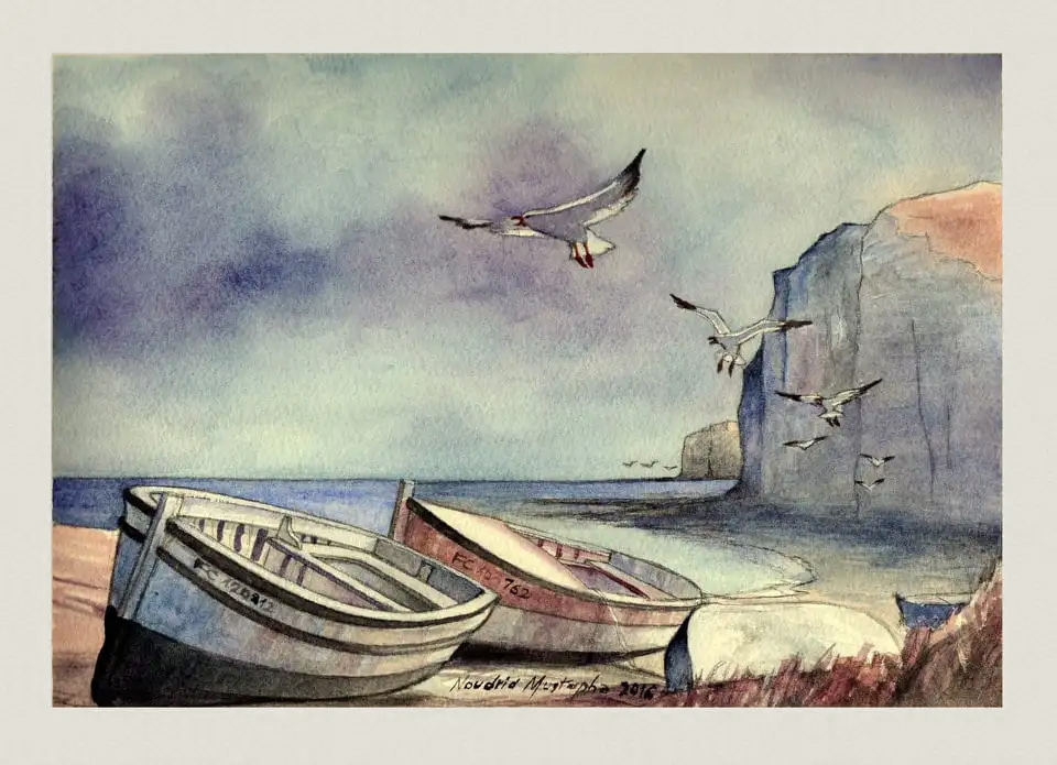 A watercolor painting of two rowboats on a sandy beach with seagulls flying overhead and a cliff in the background.