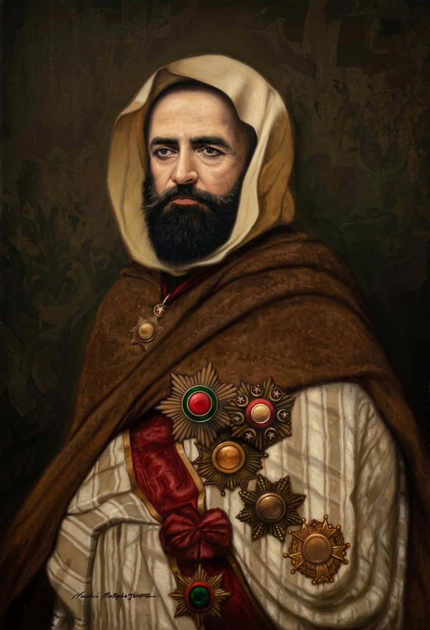 Emir Abdelkader: A realistic tribute by Mustapha Nouadria. This portrait captures the leader’s spiritual dignity and diplomatic stature, blending his traditional brown burnous with international medals to reflect a legacy of wisdom and resistance.