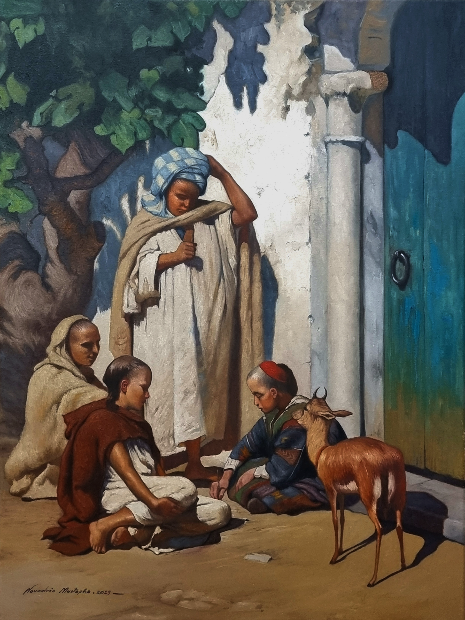 Southern Innocence: A realistic homage to 19th-century Algeria. This work depicts children and a gazelle by an ancient blue door, using Chiaroscuro to blend desert warmth with traditional heritage in a scene of tranquility and camaraderie.