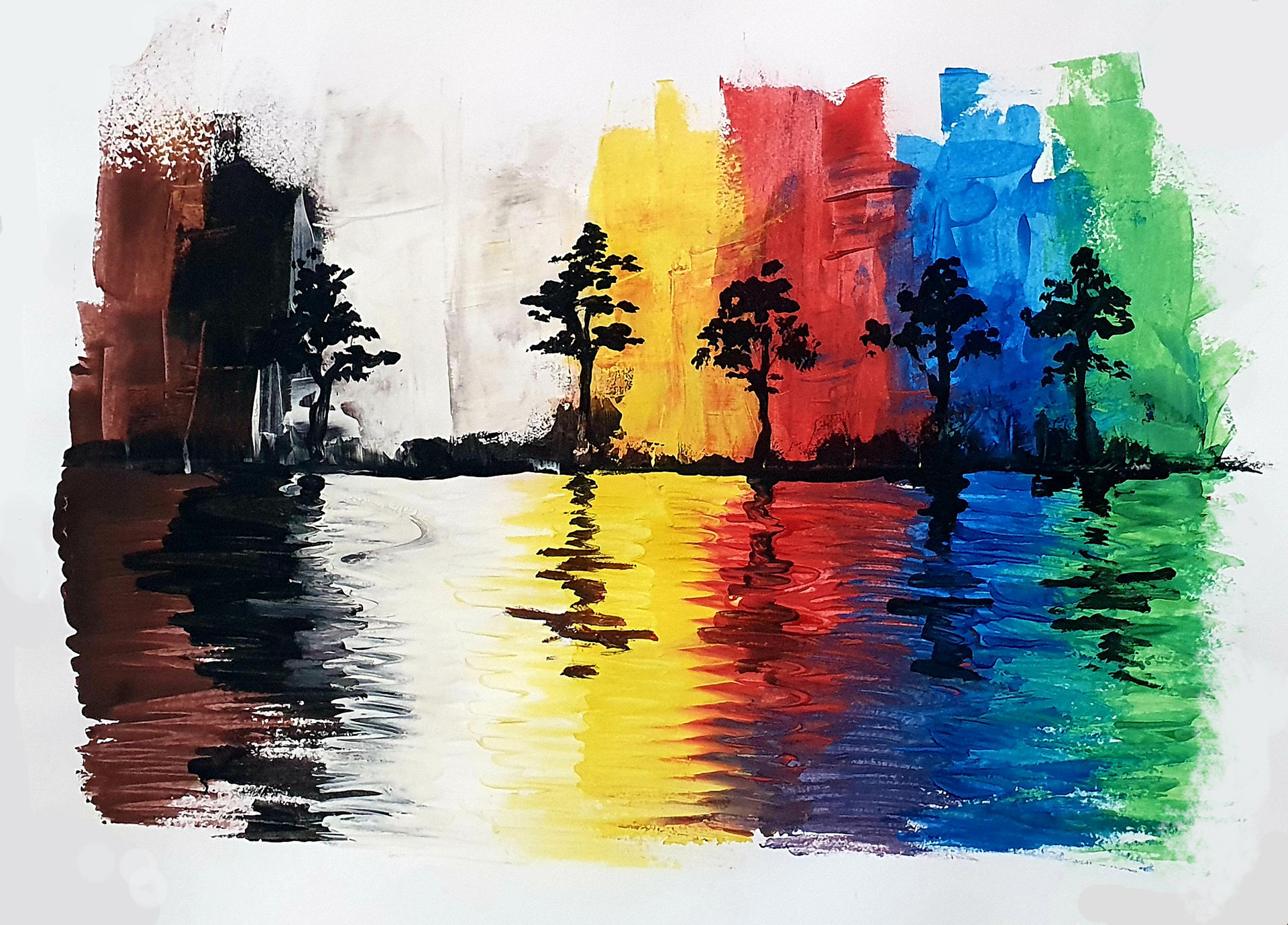 Abstract water color painting of silhouetted trees reflected in colorful, rippling water with a vibrant, multi-colored background.