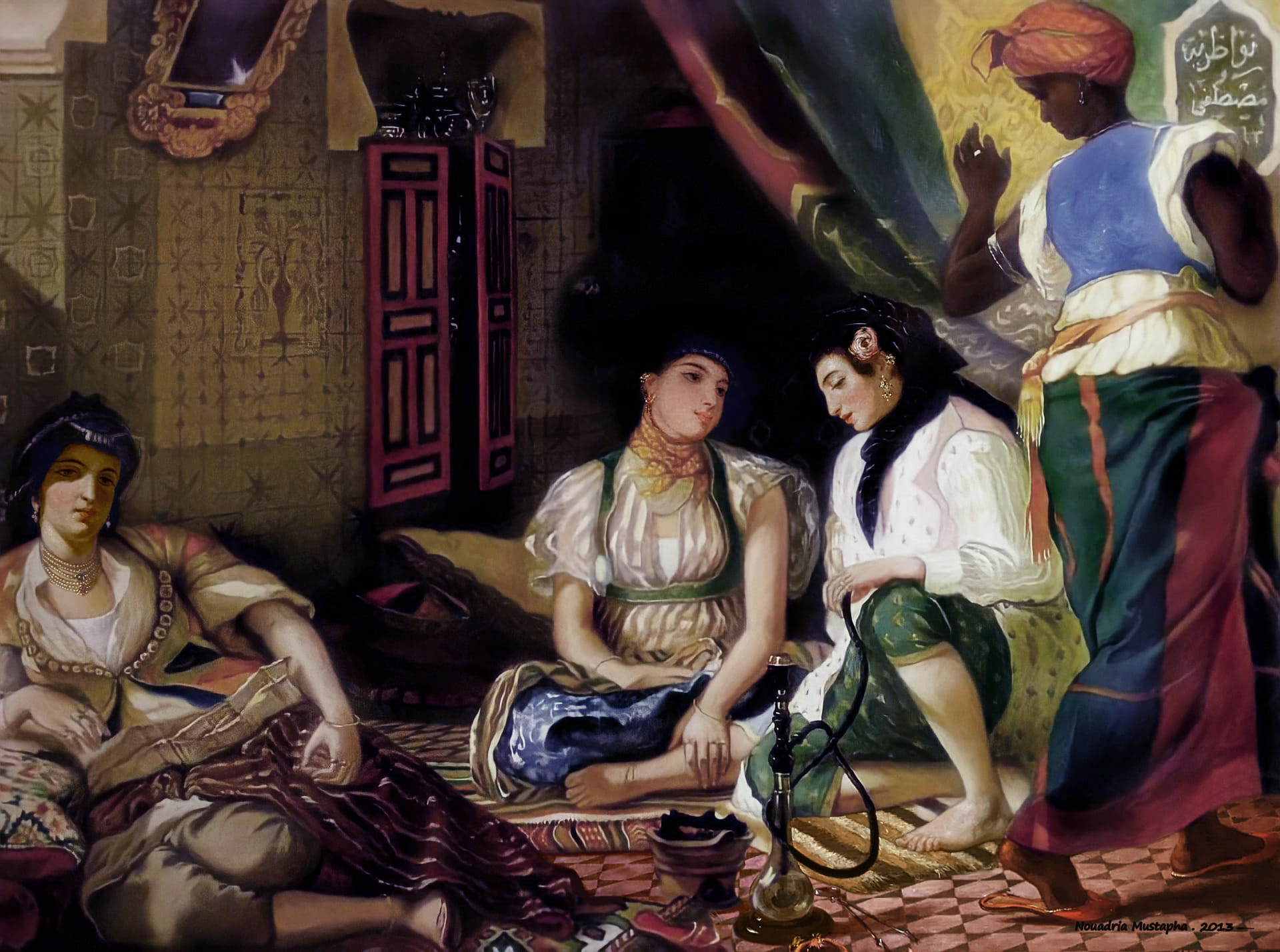 A 2013 homage to Delacroix’s "Women of Algiers." This oil work recreates the intimate scene with rich, expressive strokes. Unique to this version is the artist’s name, Mustapha Nouadria, in elegant Arabic calligraphy, adding a personal signature.