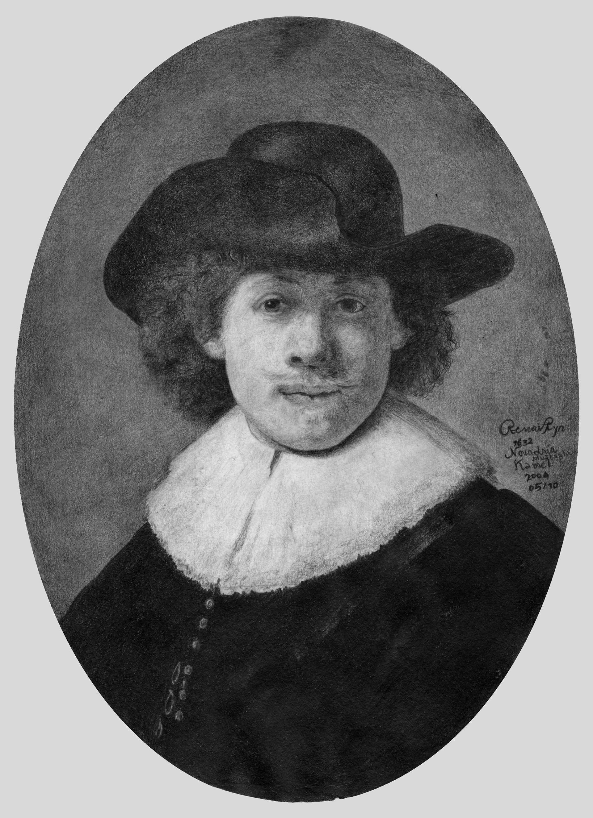 A black and white oval portrait of a Rembrandt wearing a wide-brimmed hat and a ruffled collar, looking directly at the viewer.