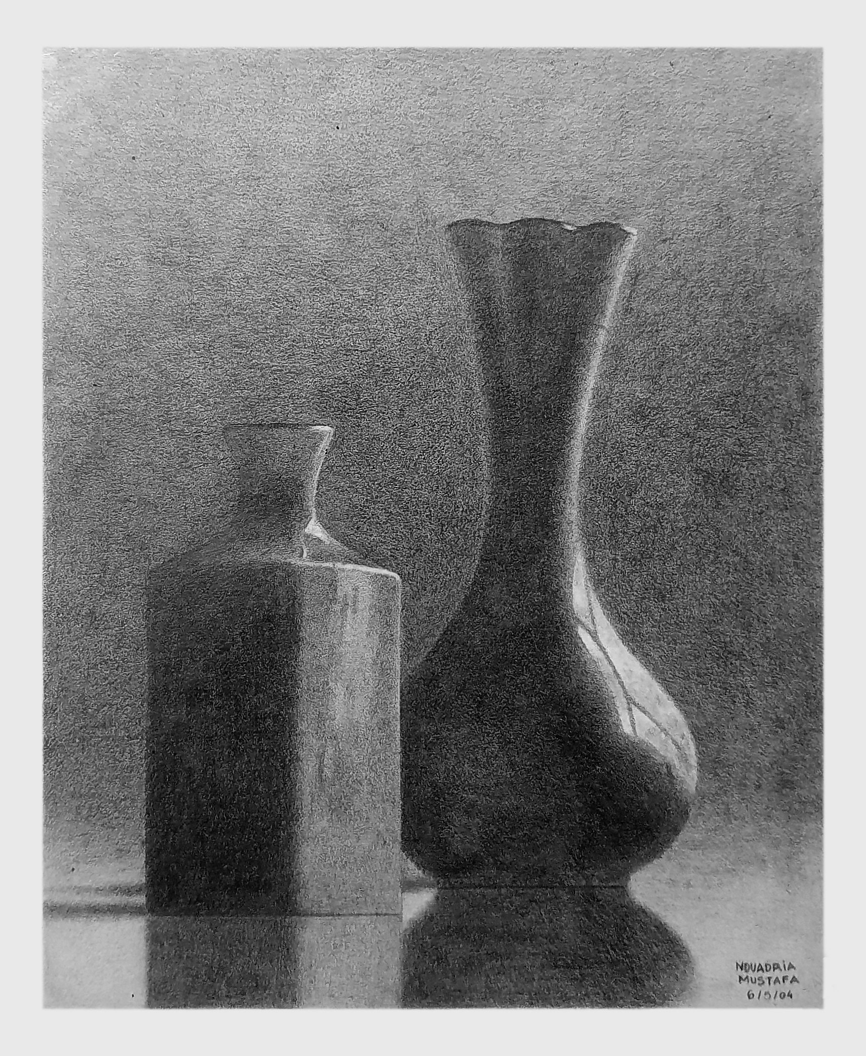A black and white drawing of two vases, one hexagonal and the other curved, on a reflective surface.