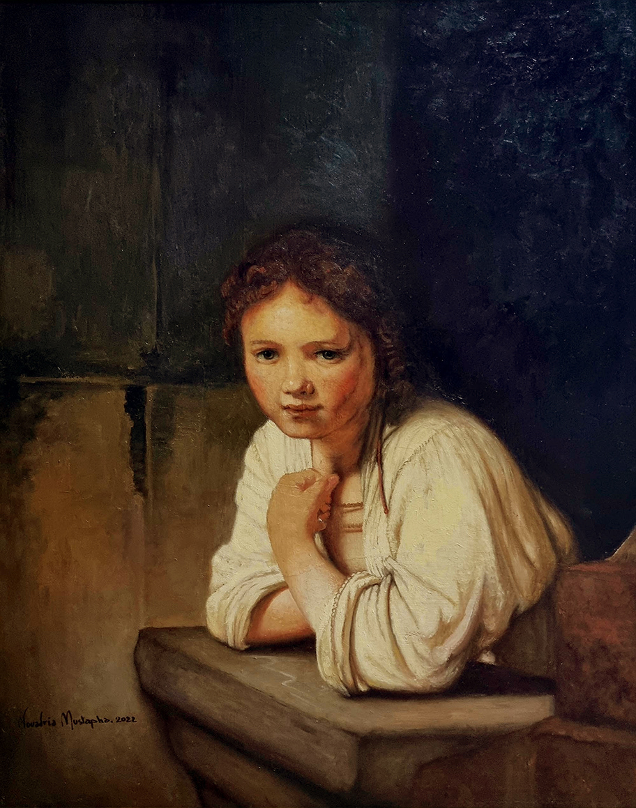 A 2022 master study by Mustapha Nouadria of Rembrandt’s 1645 "Girl at a Window." This oil work captures the enigmatic gaze and sincere expression through Chiaroscuro, highlighting illuminated features against a dramatic, dark classical background.