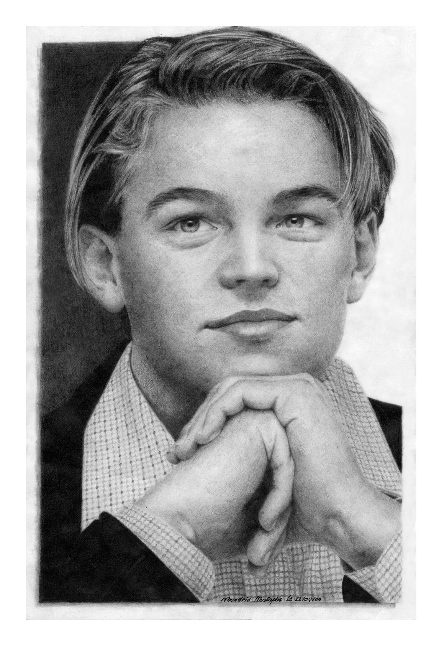 Pencil sketch of Leonardo Di Caprio with slicked-back hair, looking directly at the viewer with his hands clasped under his chin.