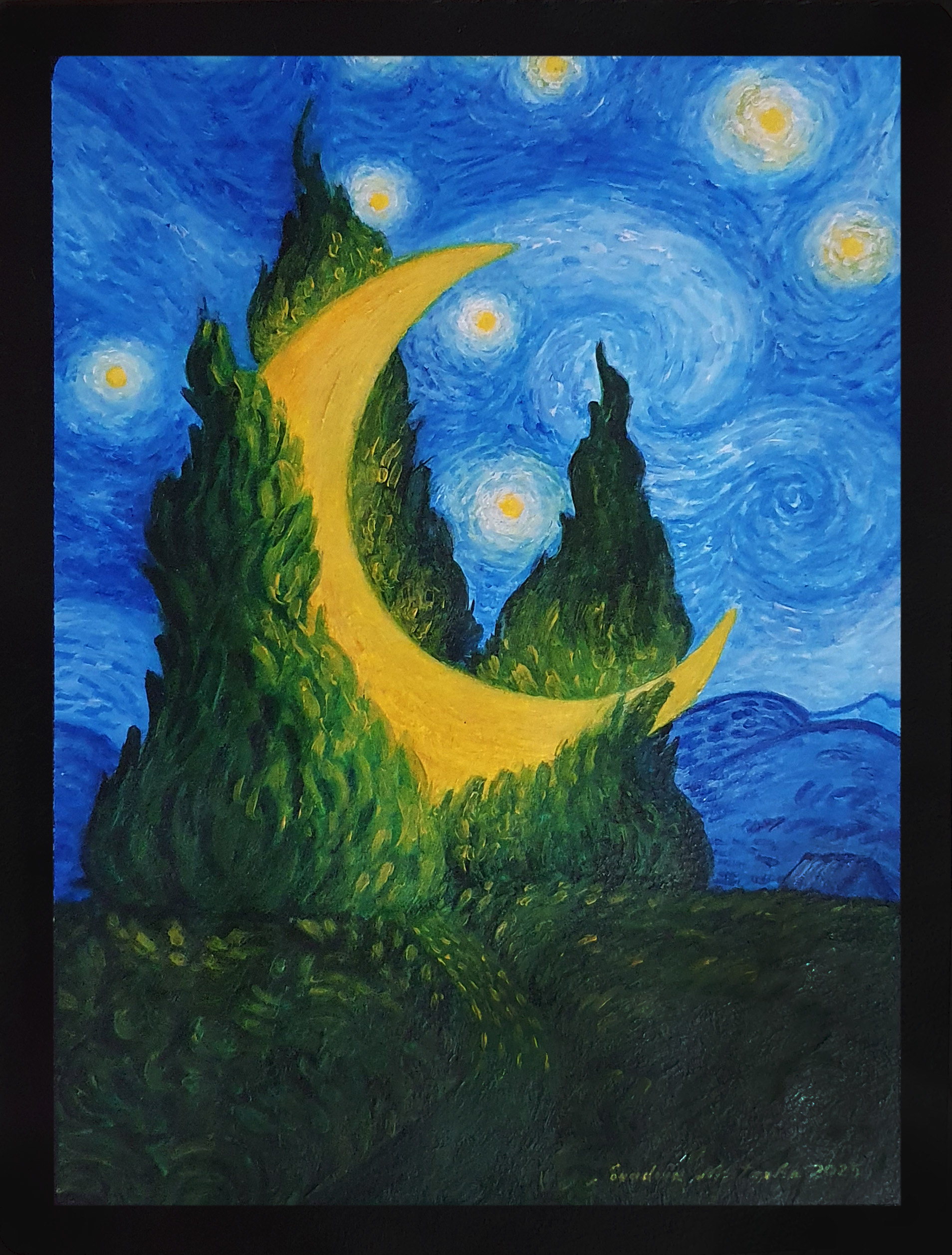An Impasto study featuring swirling nebular skies and bold brushstrokes. This work by Mustapha Nouadria balances cool nocturnal blues with warm celestial yellows, using vertical trees to connect earth and sky in a dynamic, deep composition.