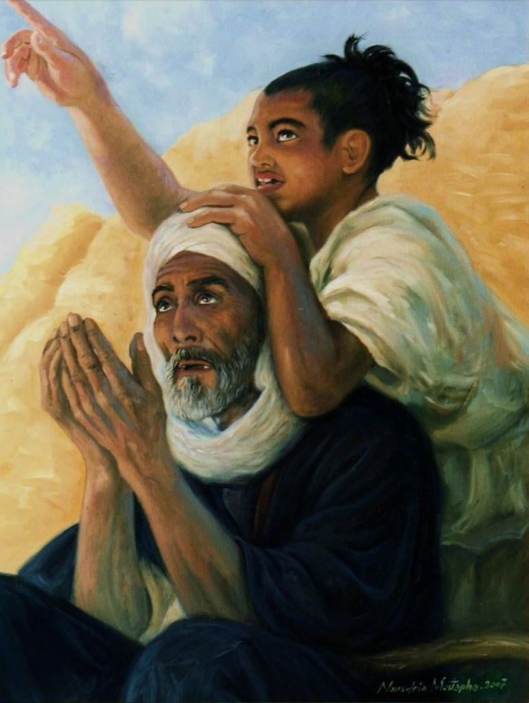 An oil painting depicting an elderly bearded man raising his hands in supplication towards the clear blue sky, while his grandson points his index finger towards the anticipated location of the Ramadan crescent moon's appearance. They are under a vast sky above golden sand dunes.