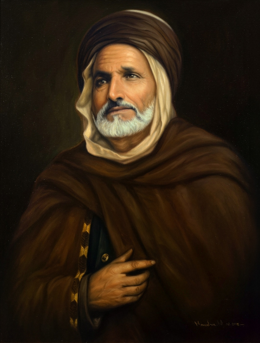 A portrait painting of a man with a white beard wearing a dark turban and a brown robe. His left hand is visible, resting on his robe. signed by Nouadria Mustapha 2018.