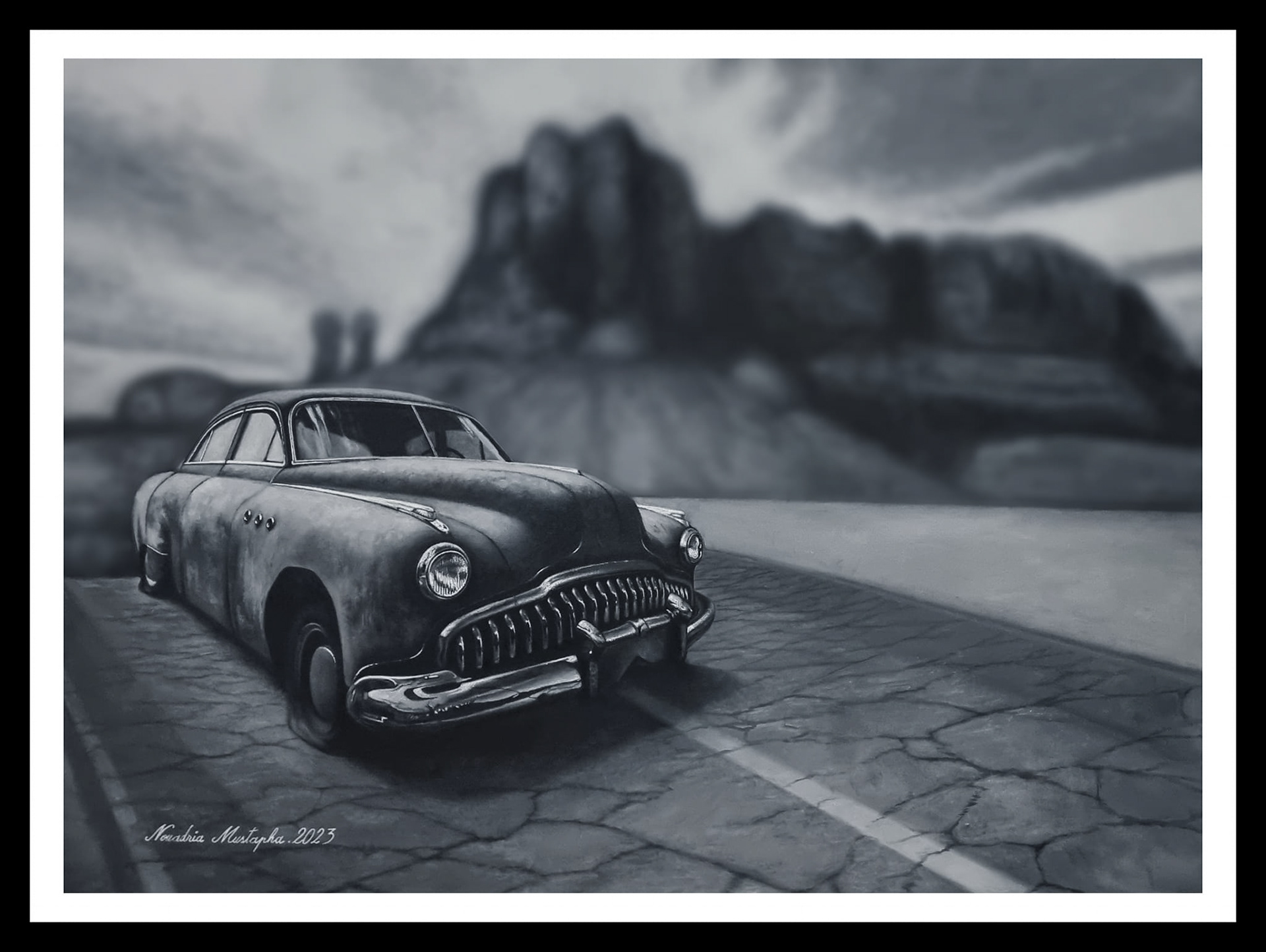 A vintage black and white painting of a classic car (Buick Eight 1950's) parked on a cracked road with a dramatic mountain landscape in the background. signed bu Nouadria Mustapha 2023.