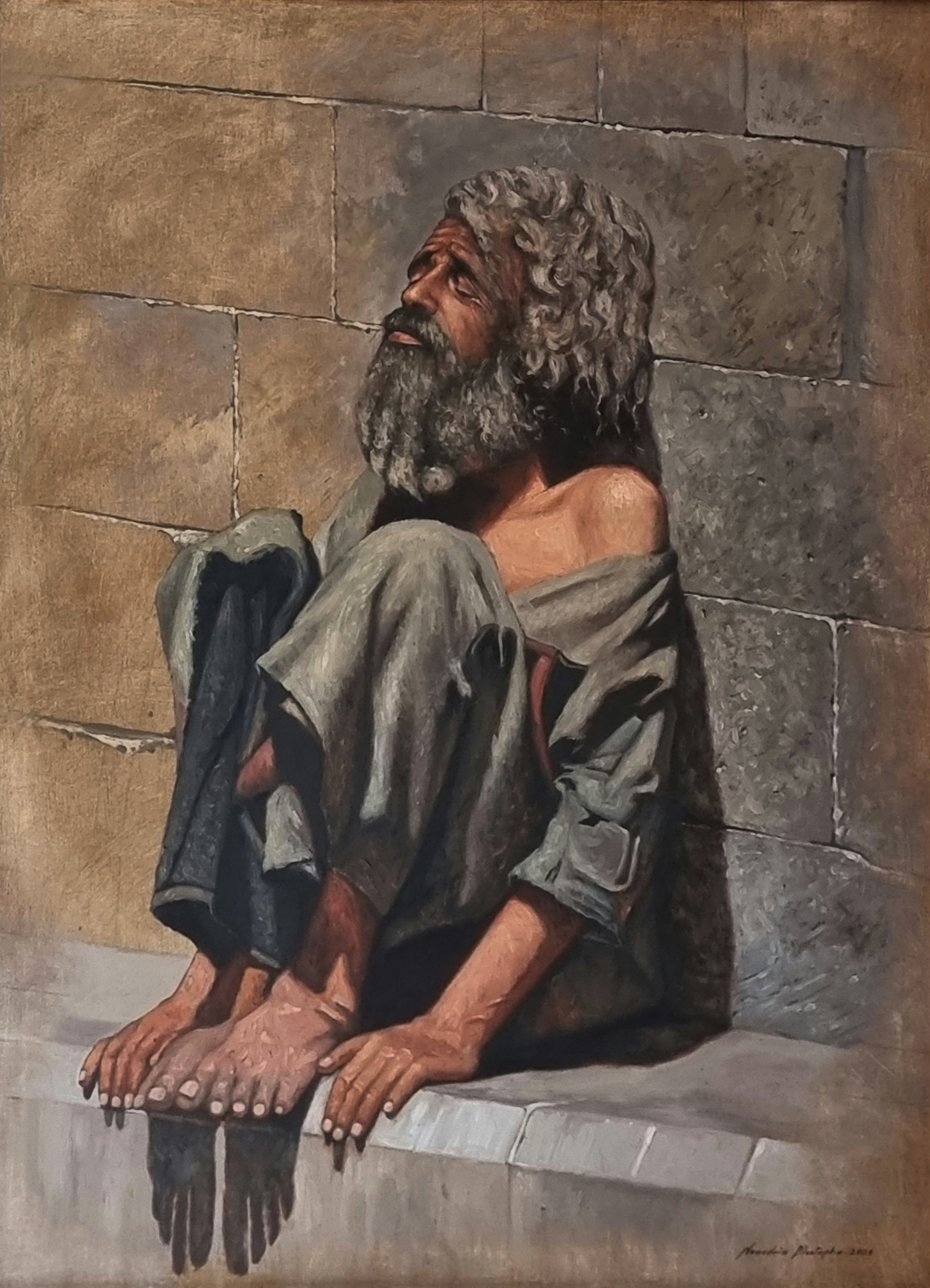 Noisy Silence: A psychological study by Mustapha Nouadria. Using thick Impasto and Chiaroscuro, he captures a worn man’s internal scream and prayer for warmth amid cold isolation—a visual voice for the voiceless and a profound plea for mercy.