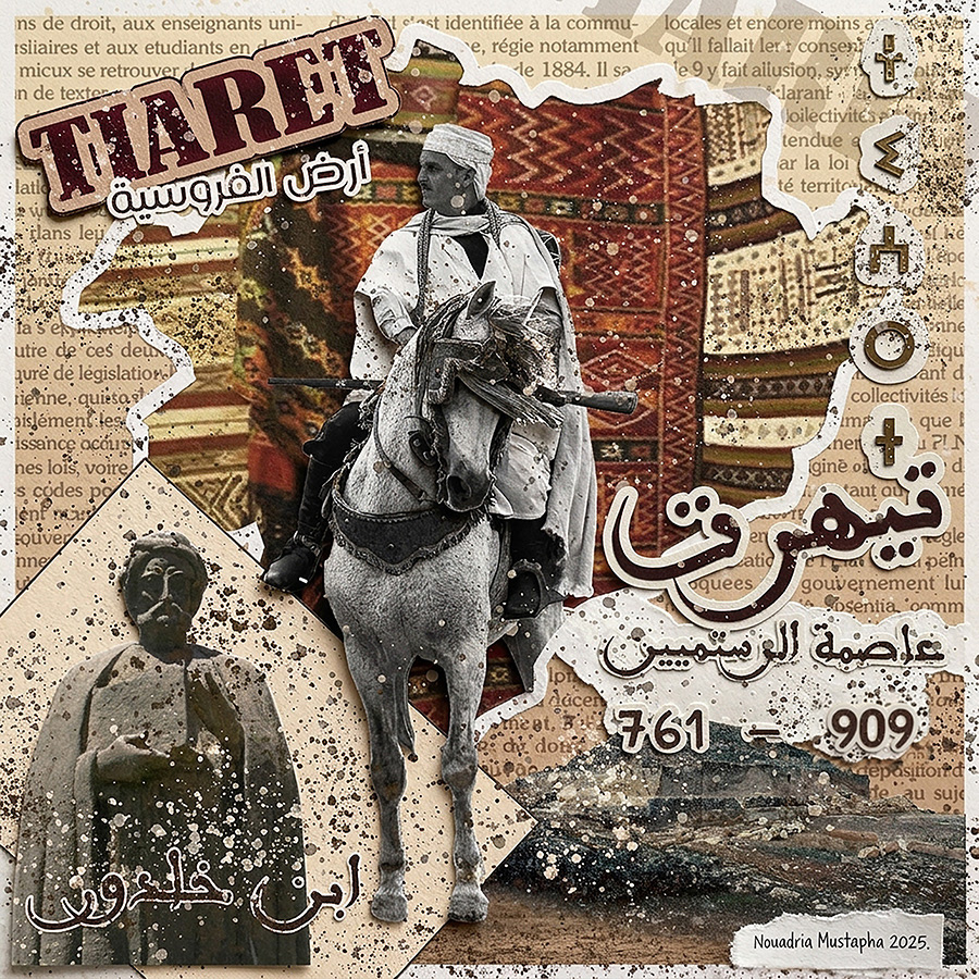 The Chronicle of Tiaret (ex; Tihert) captures the historical memory and cultural depth of the ancient Rustamid capital through a layered digital mixed-media composition. The artwork highlights the noble equestrian tradition of the region with a refined depiction of purebred Arabian horses, seamlessly merged with Rustamid architectural motifs and Maghrebi-Andalusian calligraphy. Employing digital collage and paper-texture synthesis, the piece achieves a tactile, aged surface quality—blending fibrous paper grains, subtle oxidation, and rich chiaroscuro. The miniature format condenses these historical elements into a focused visual narrative, inviting close inspection of Algeria’s inland heritage and enduring identity.