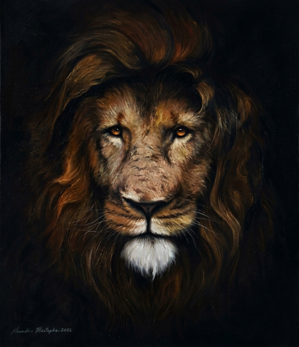 Majestic Lion: A psychological study by Mustapha Nouadria. Against a black void, he captures strength and wisdom through glowing eyes and a soft, detailed mane. This work balances golden tones with anatomical precision to symbolize resilience.