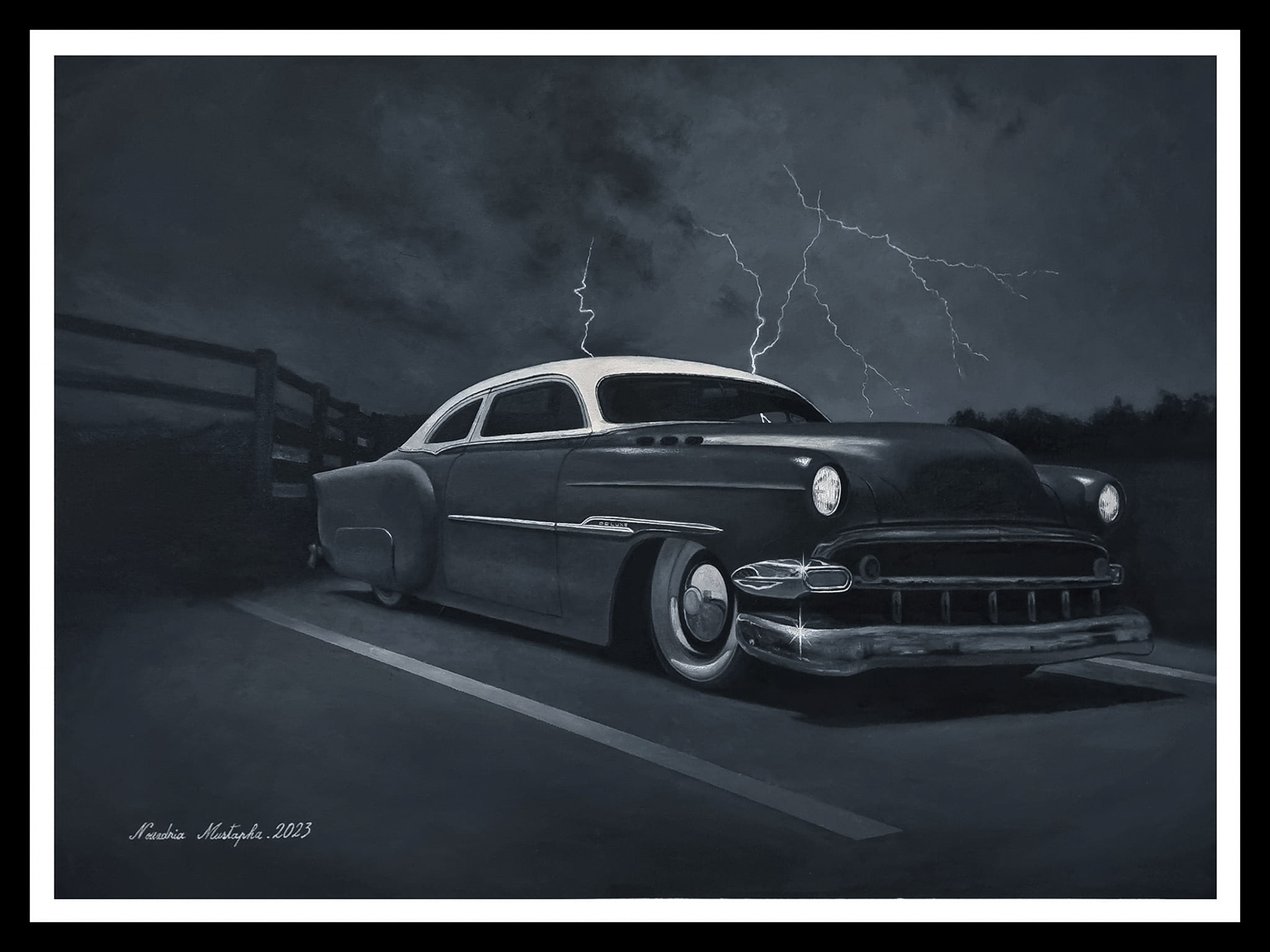 A vintage black and white car (Chevrolet Bel Air 1953's) sits on a road during a thunderstorm with lightning in the background and a wooden fence to the left. signed by Nouadria Mustapha 2023.