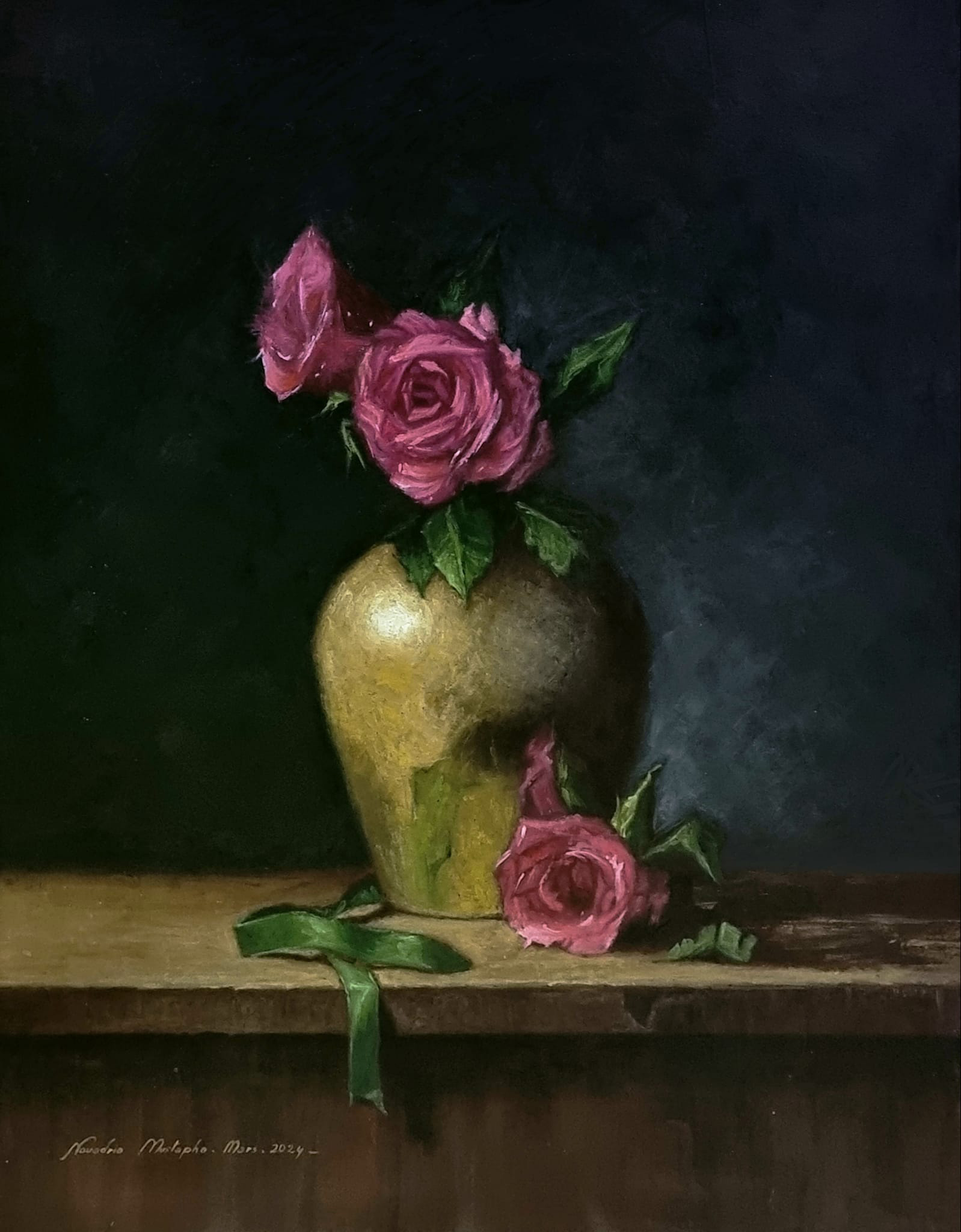 A classic still life oil painting featuring a metallic brass vase with pink roses on a wooden table, with a fallen rose and green leaves, against a dark background.