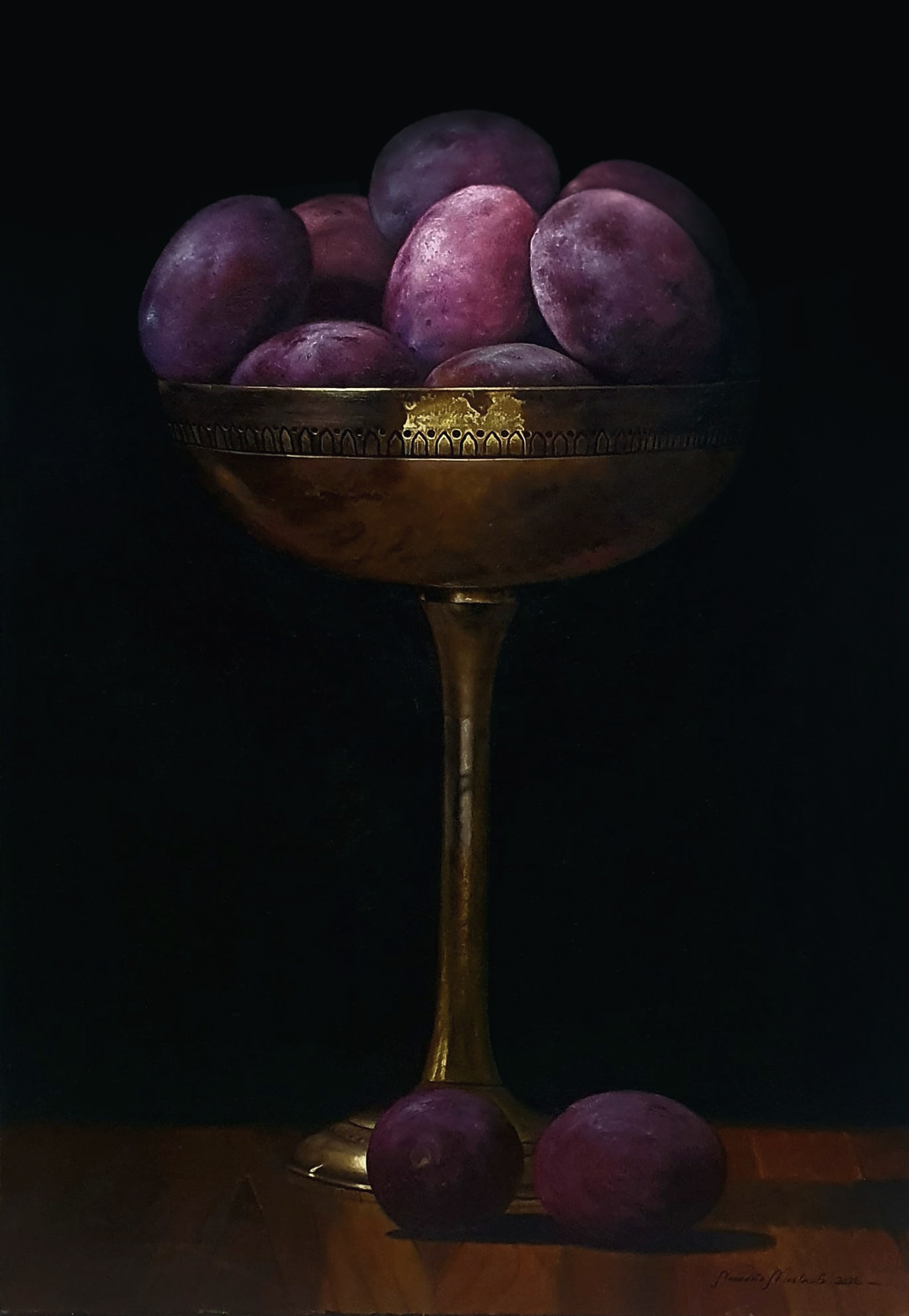Still Life by Mustapha Nouadria: A masterful Chiaroscuro study contrasting velvet fruit textures with an antique copper cup’s metallic sheen. This academic work celebrates the beauty of simplicity through dramatic light and precise detail.