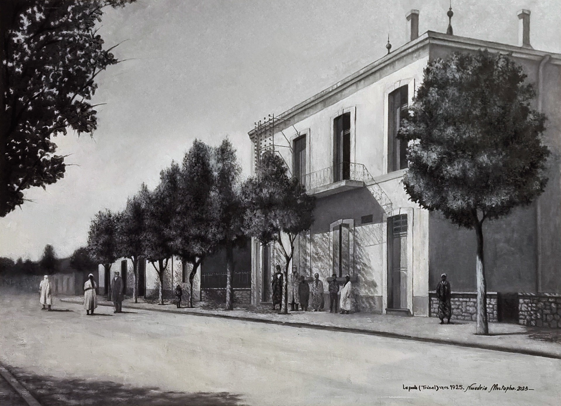 Trizel Post Office: A historical study by Mustapha Nouadria. Mimicking old postcards through monochrome tones, this work documents Sougueur’s colonial architecture and daily life. It is a visual restoration of memory and a city’s century-old identity