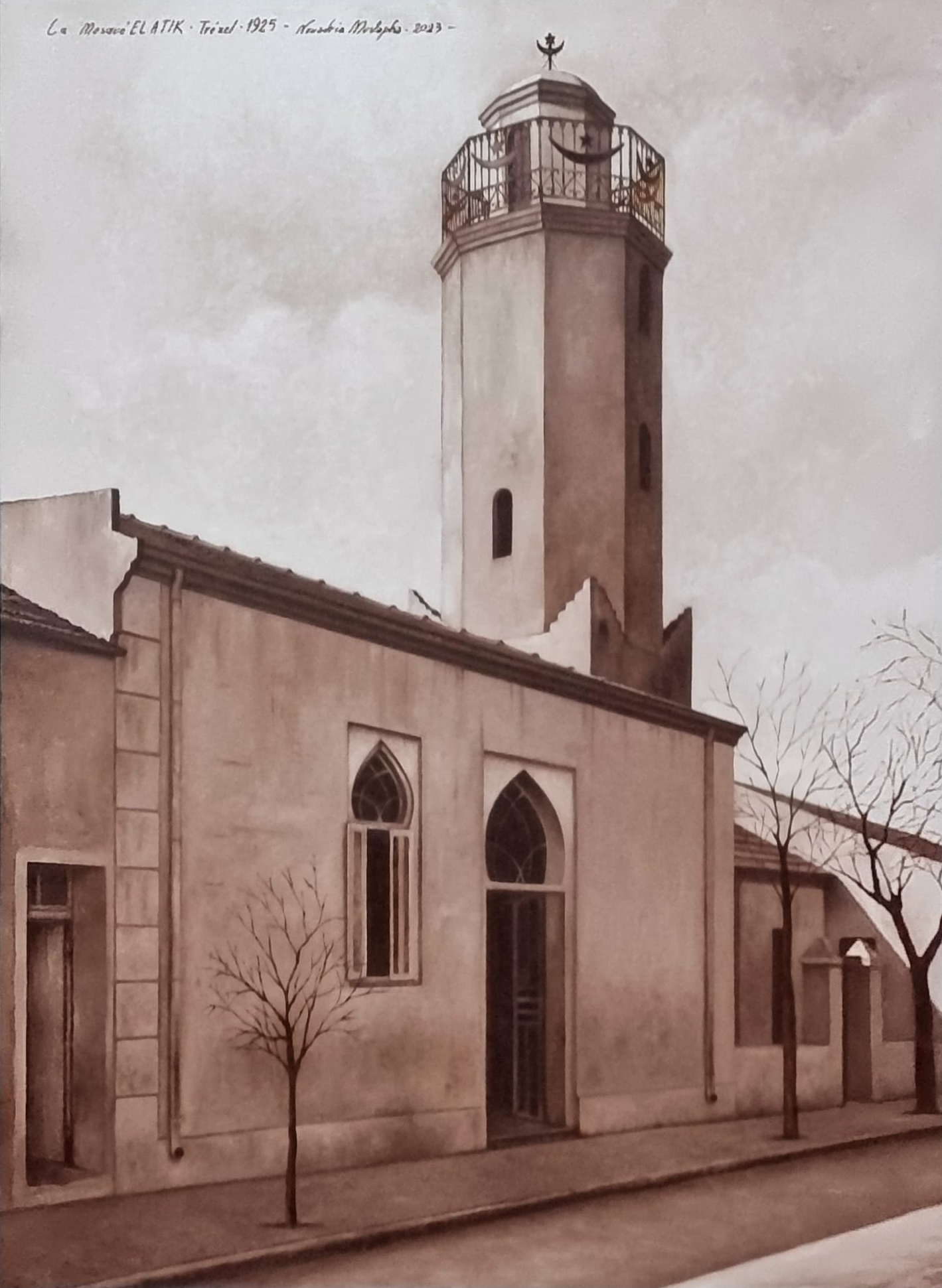 The Ancient Mosque (1925) a spiritual study by Mustapha Nouadria. Using sepia tones, he captures Sougueur’s Islamic identity during the colonial era The octagonal minaret stands as a visual poem, balancing sacred architecture with the passing of time