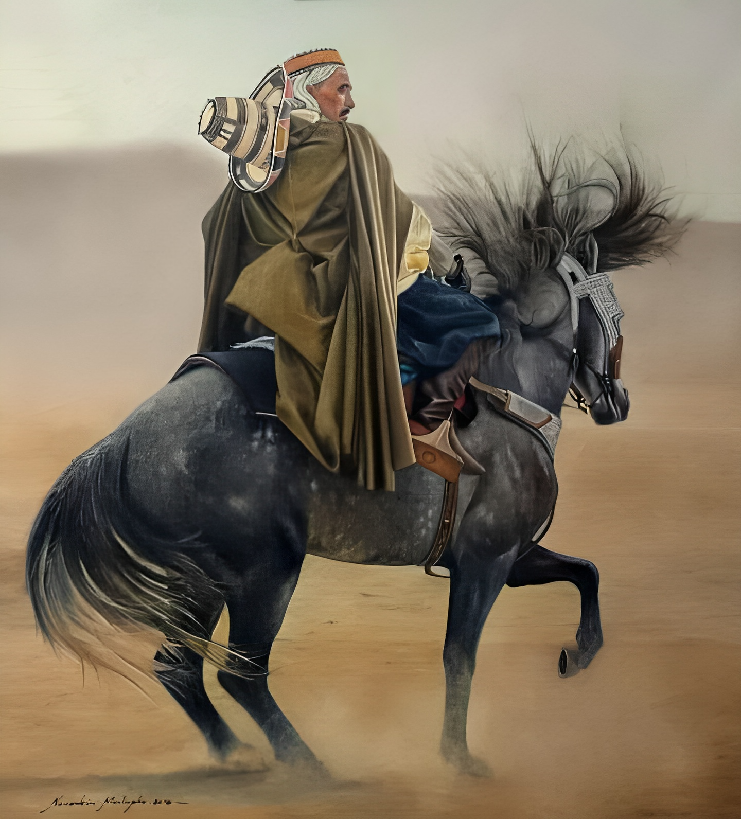 The Cavalier: A classical masterpiece by Mustapha Nouadria. This oil work captures an Algerian rider atop a spirited grey stallion, mastering textile physics in the burnous and anatomical precision in the horse’s rhythmic, powerful gait.
