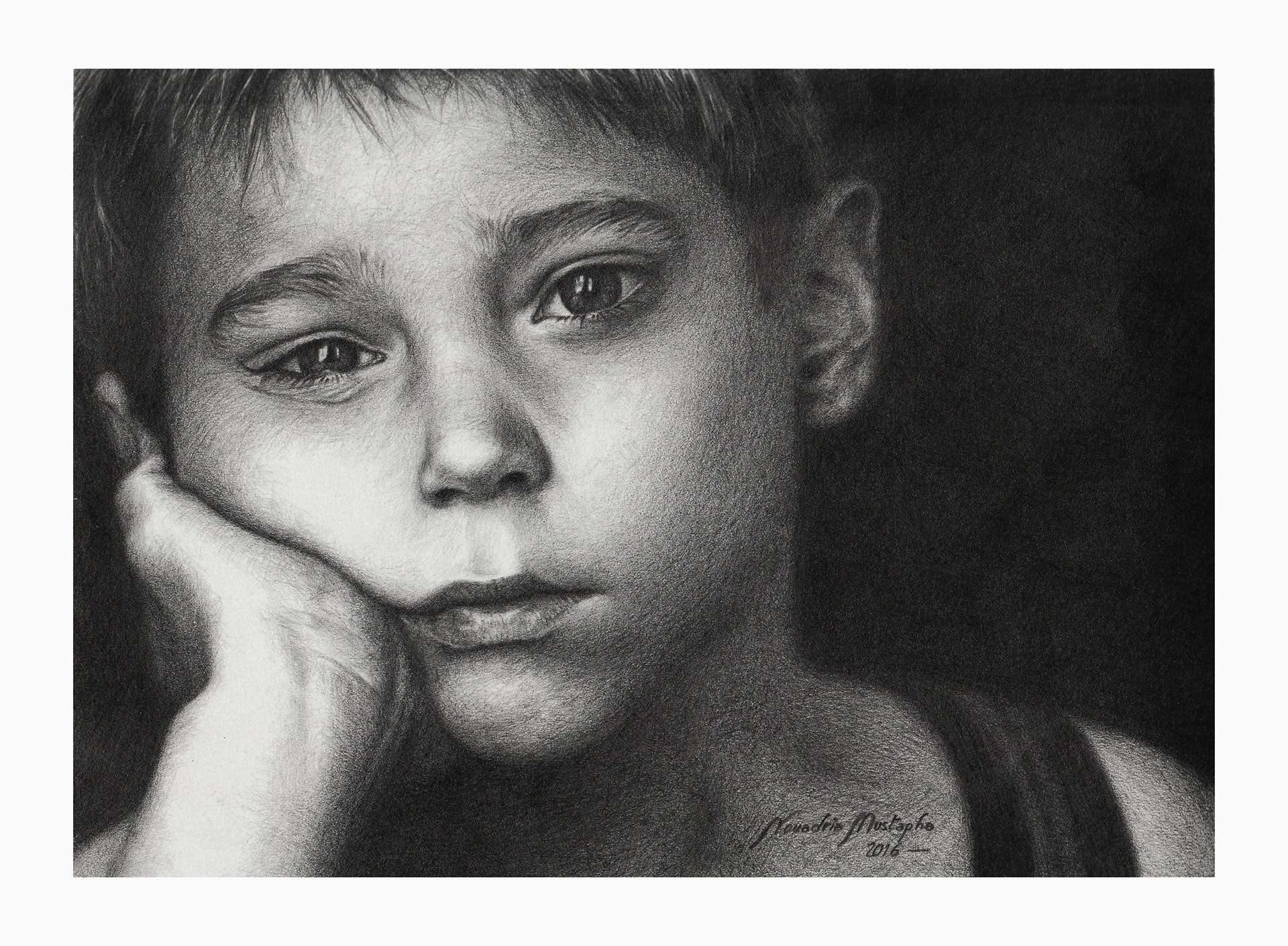 A pencil drawing of a young kid with his head resting on his hand, looking thoughtfully into the distance. The drawing is detailed, capturing the texture of hair and skin, with a dark background that emphasizes the subject's face.