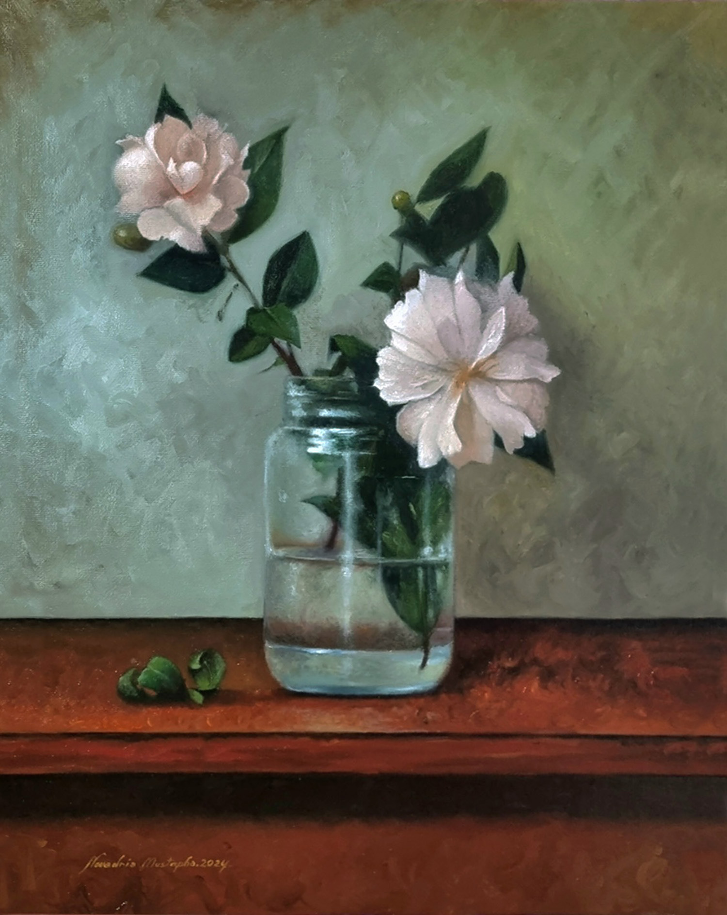 Two pale pink camellias in a glass jar of water on a wooden surface, with a textured light green background signed by Nouadria Mustapha 2024