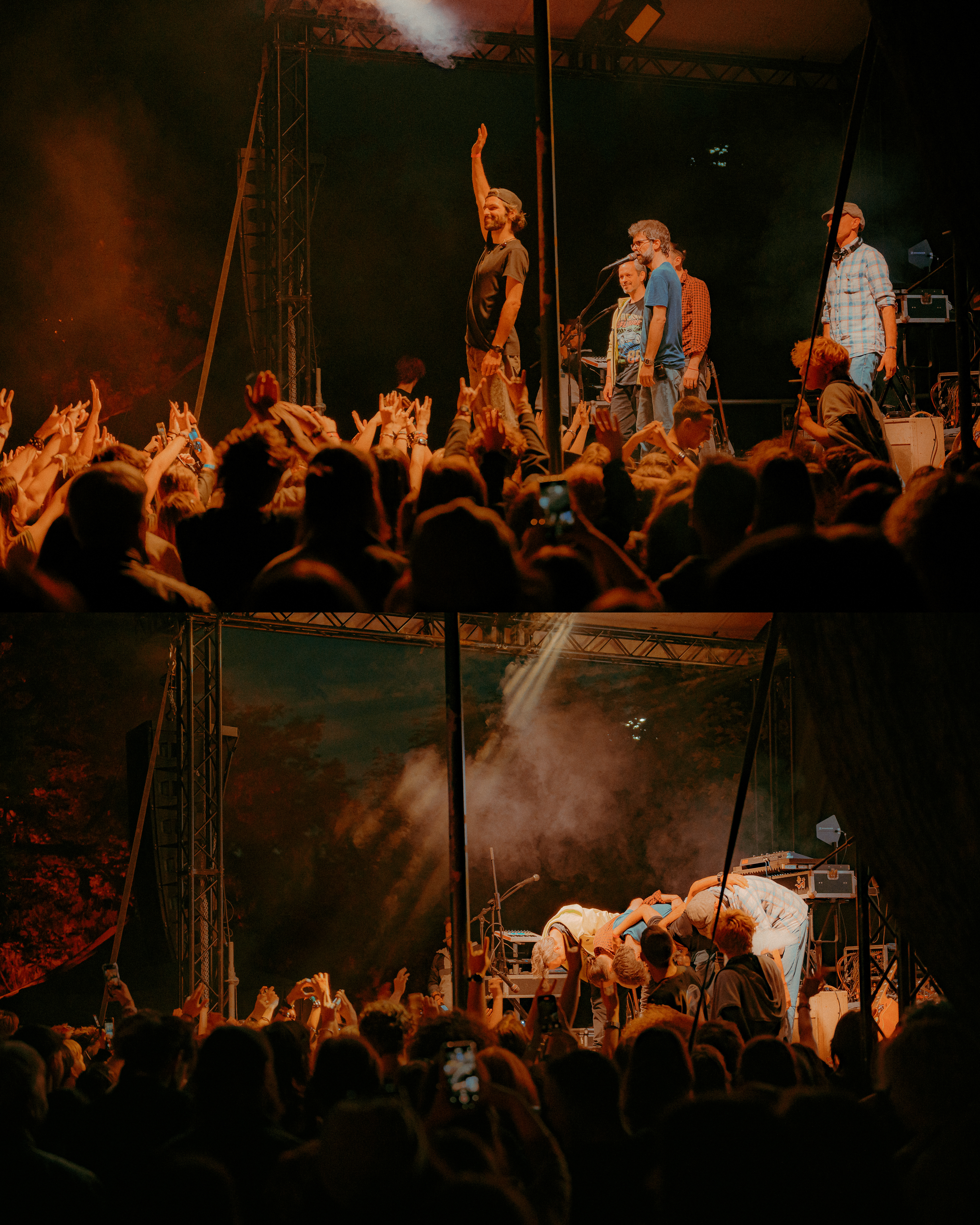 Concert photography of Robin and the Backstabbers drummer thanking the crowd and band members bowing together at the end of a live show.