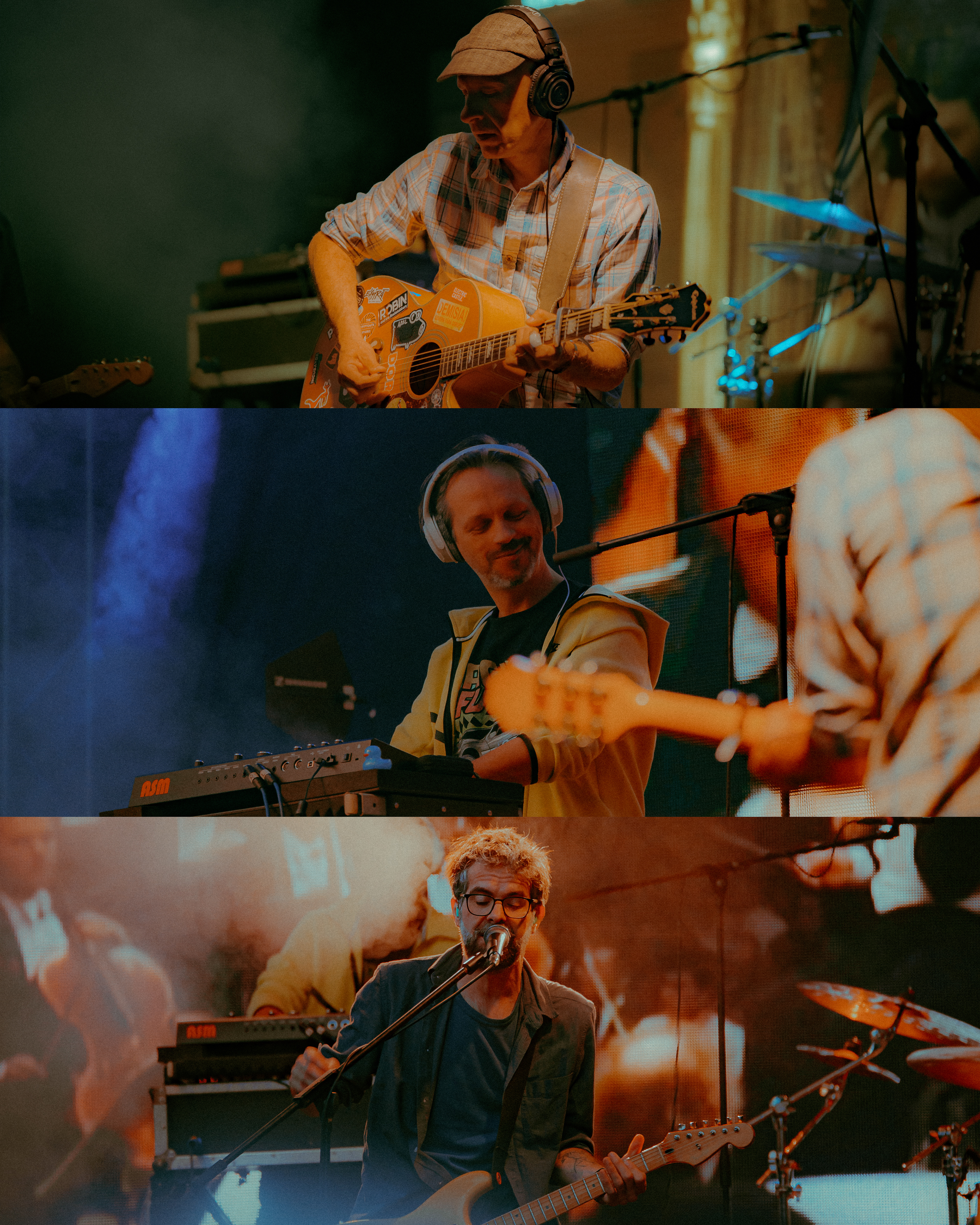 Live event photography capturing three individual members of Robin and the Backstabbers singing simultaneously on stage.