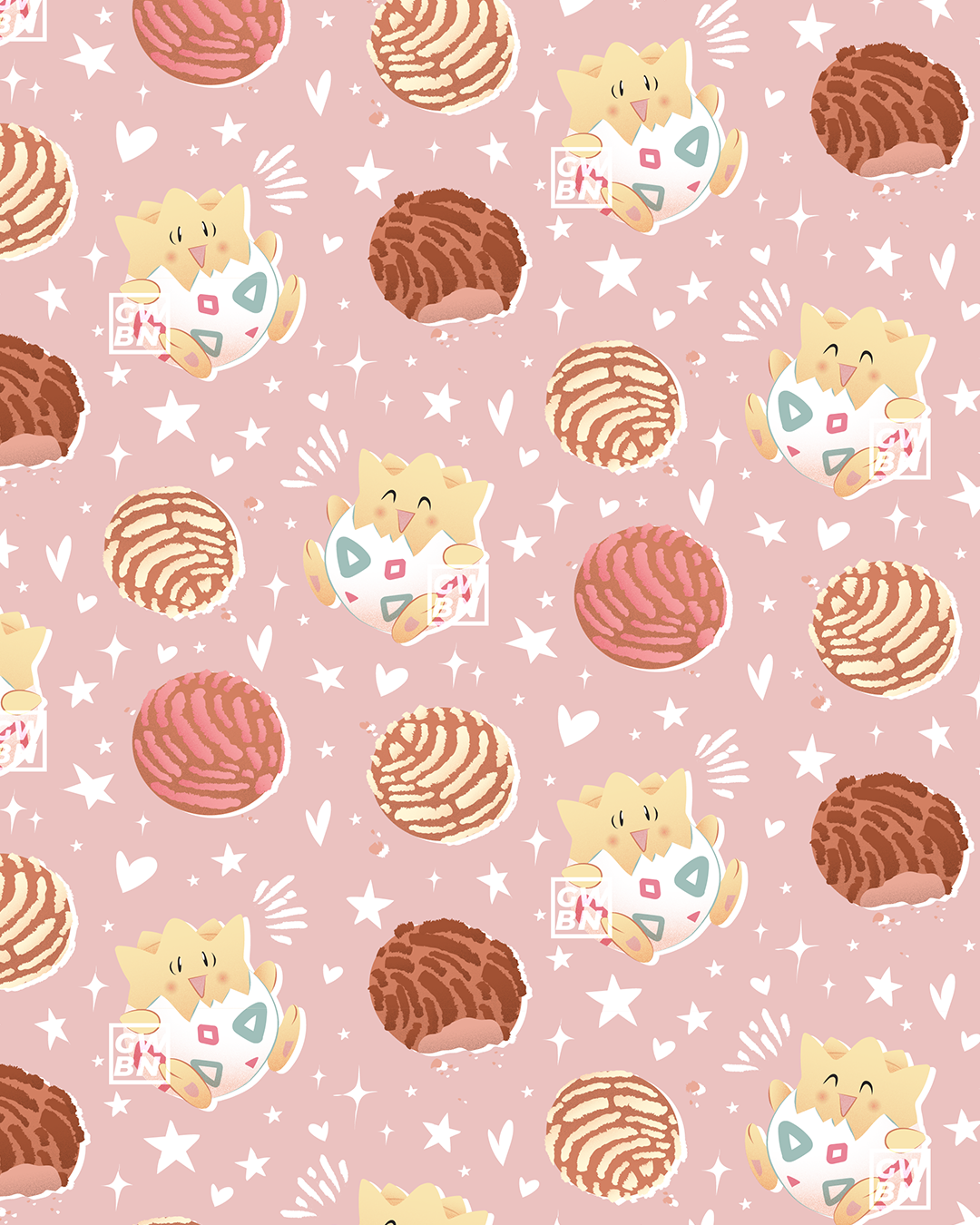 Pokémon themed pattern revolving around Togepi and Mexican conchas - 2021