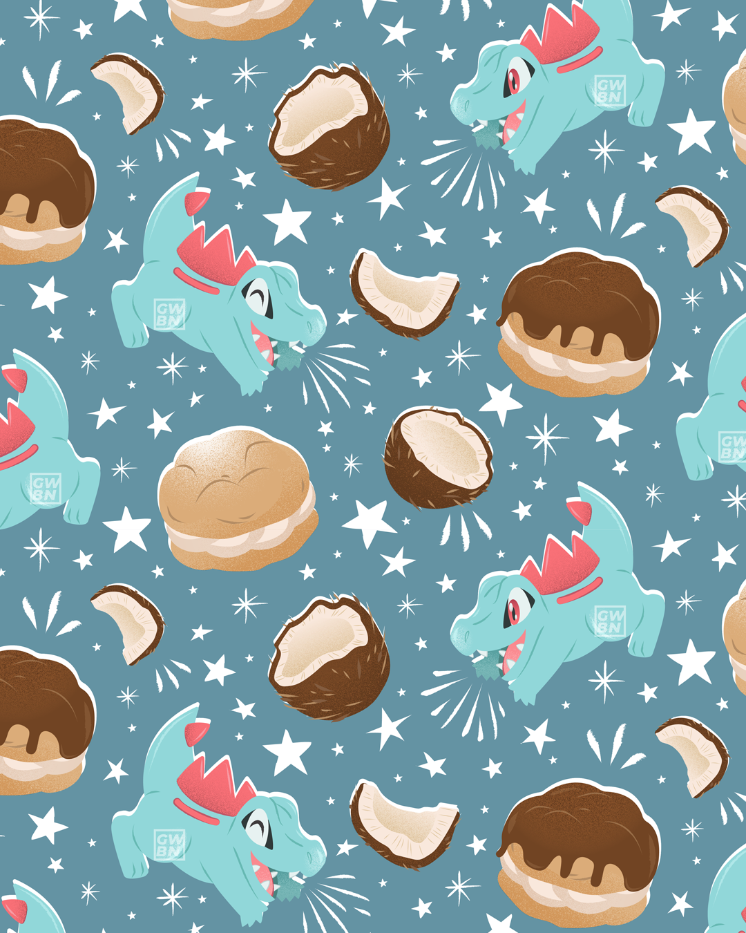 Pokémon themed pattern revolving around Totodiles and coconut cream puffs - 2021
