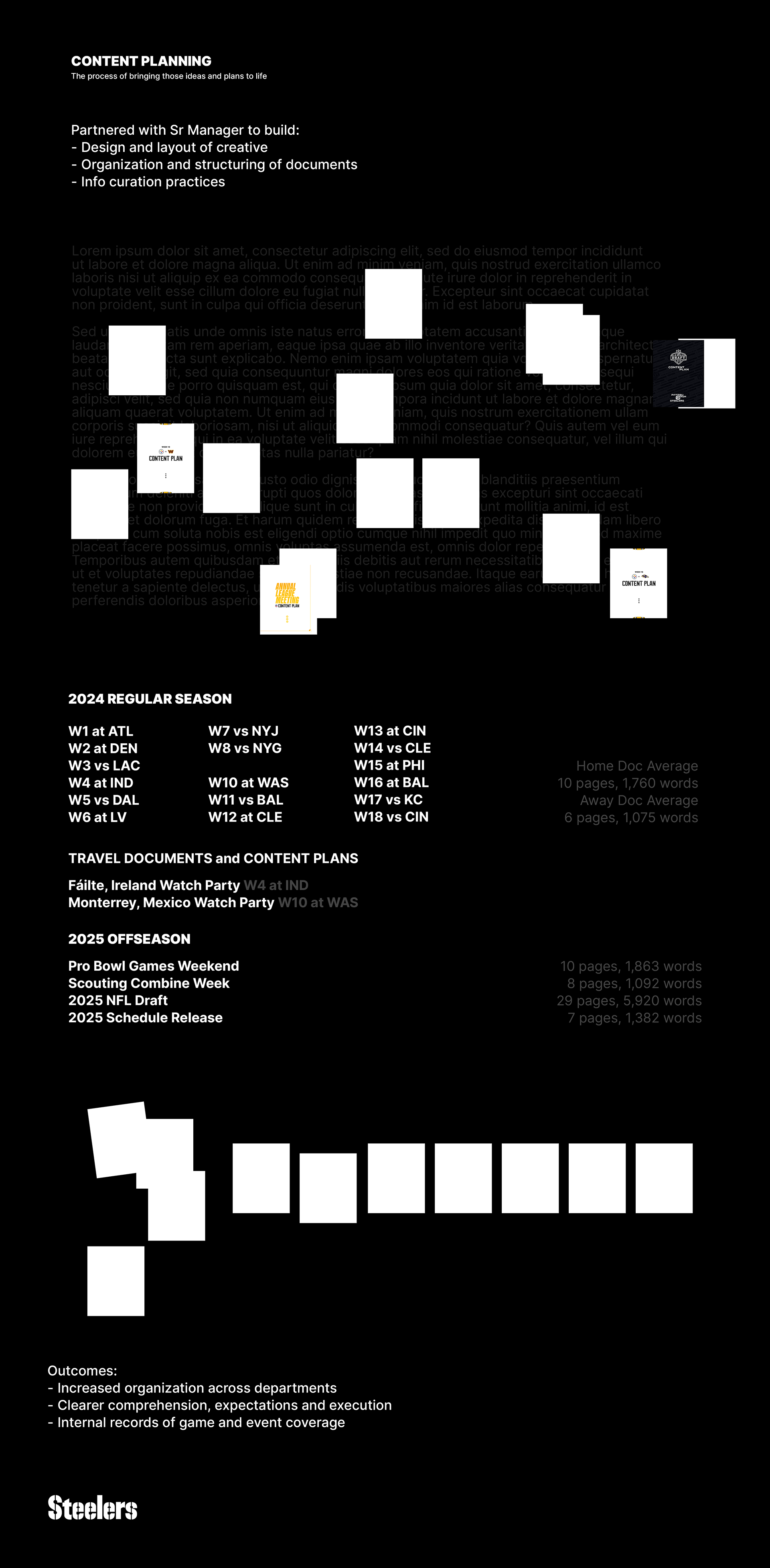 Alec describes his duties for Content Planning with the Steelers from 2024 and 2025. Image text includes: Partnered with Sr Manager to build: Design and layout of creative Organization and structuring of documents Info curation practices  2024 REGULAR SEASON W1 at ATL (Three columns listing each game)  INTERNATIONAL TRAVEL DOCUMENTS and CONTENT PLANS  Failte, Ireland Watch Party W4 at IND Monterrey, Mexico Watch Party W10 at WAS  2025 OFFSEASON CAMPAIGNS Pro Bowl Games Weekend Scouting Combine Week 2025 NFL Draft 2025 Schedule Release  Outcomes:  Increased organization across departments Clearer comprehension, expectations and execution Internal records of game and event coverage