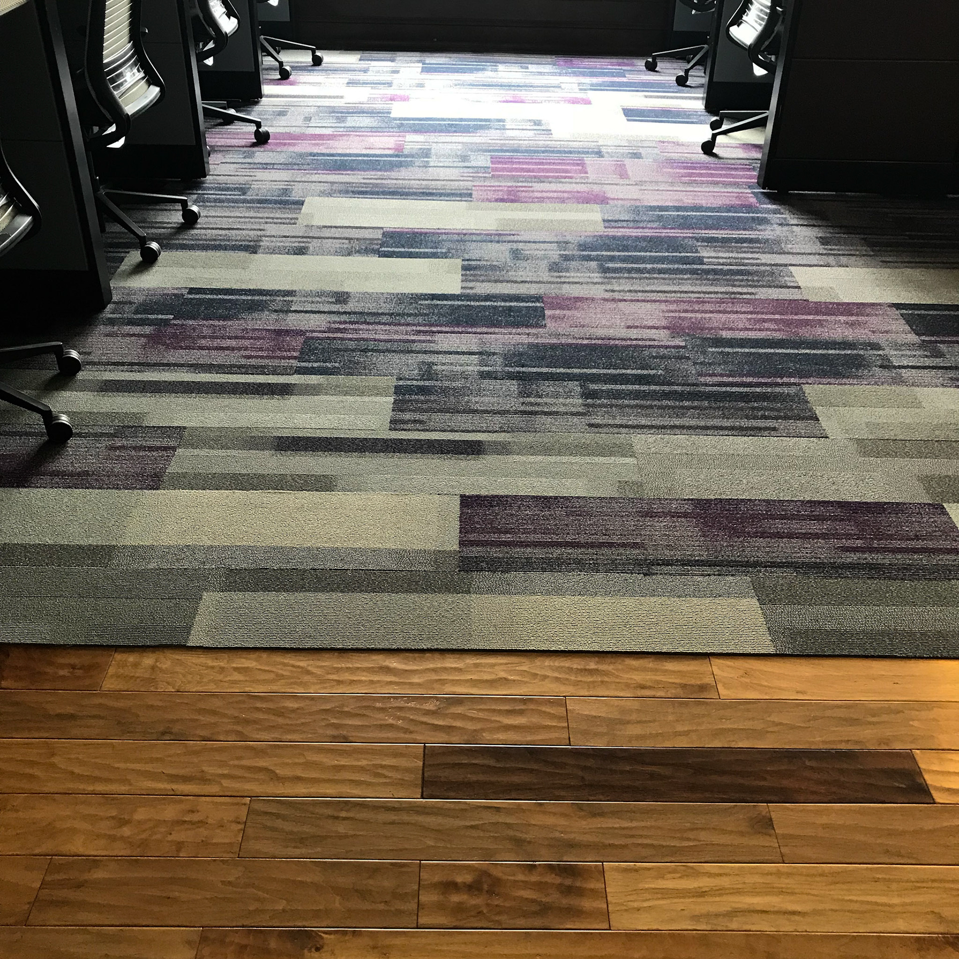 Carpet pattern continues into the workspace