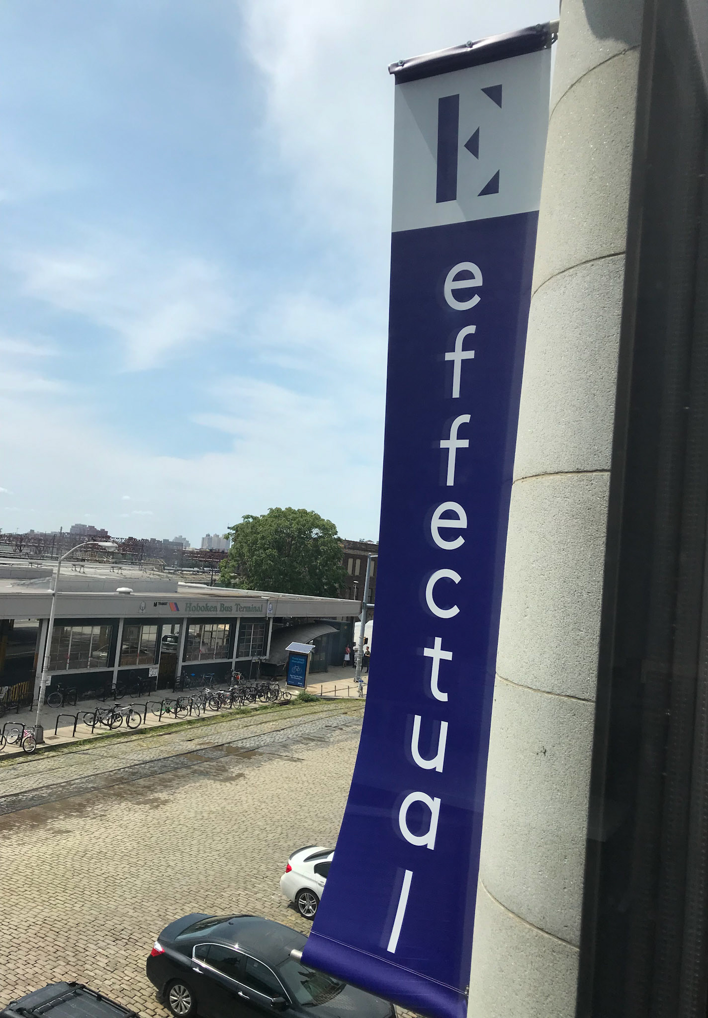 Hanging banner as seen from the workspace