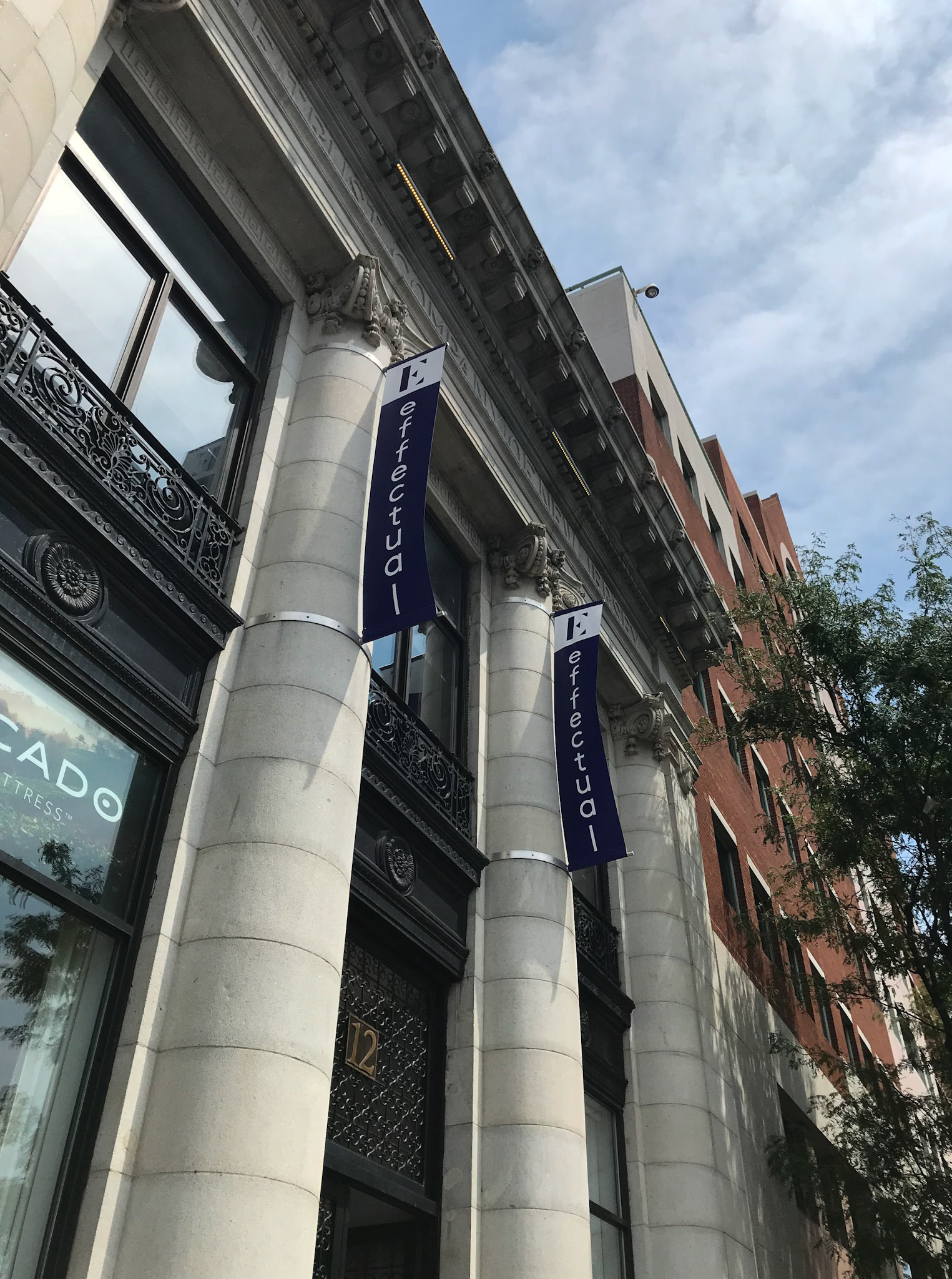 Hanging banners as seen from the street