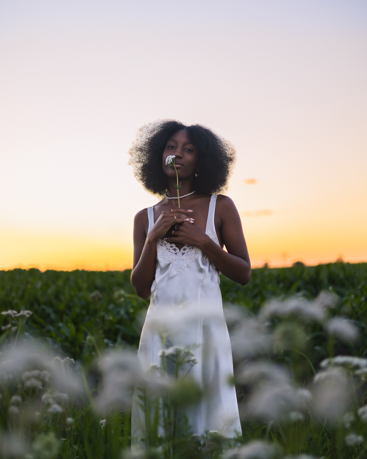 Portrait of a woman in a field at golden hour