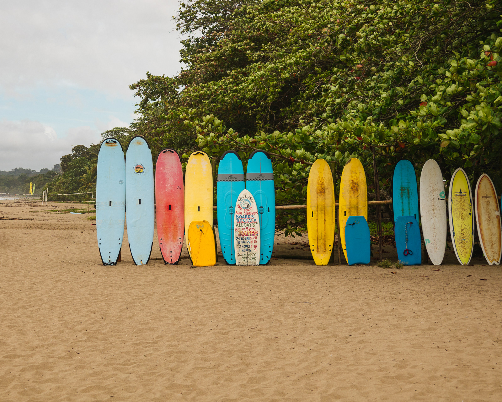 Colourful surfboards on the beach in Puerto Viejo, Costa Rica