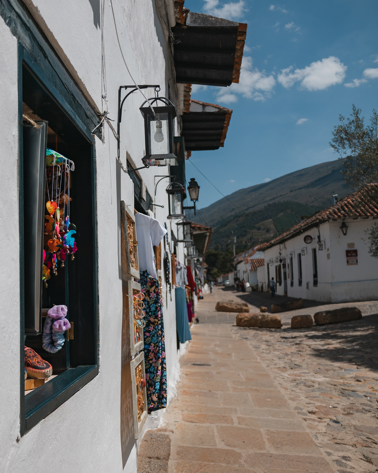 Picturesque street and artisan shops in Villa de Leyva, Colombia