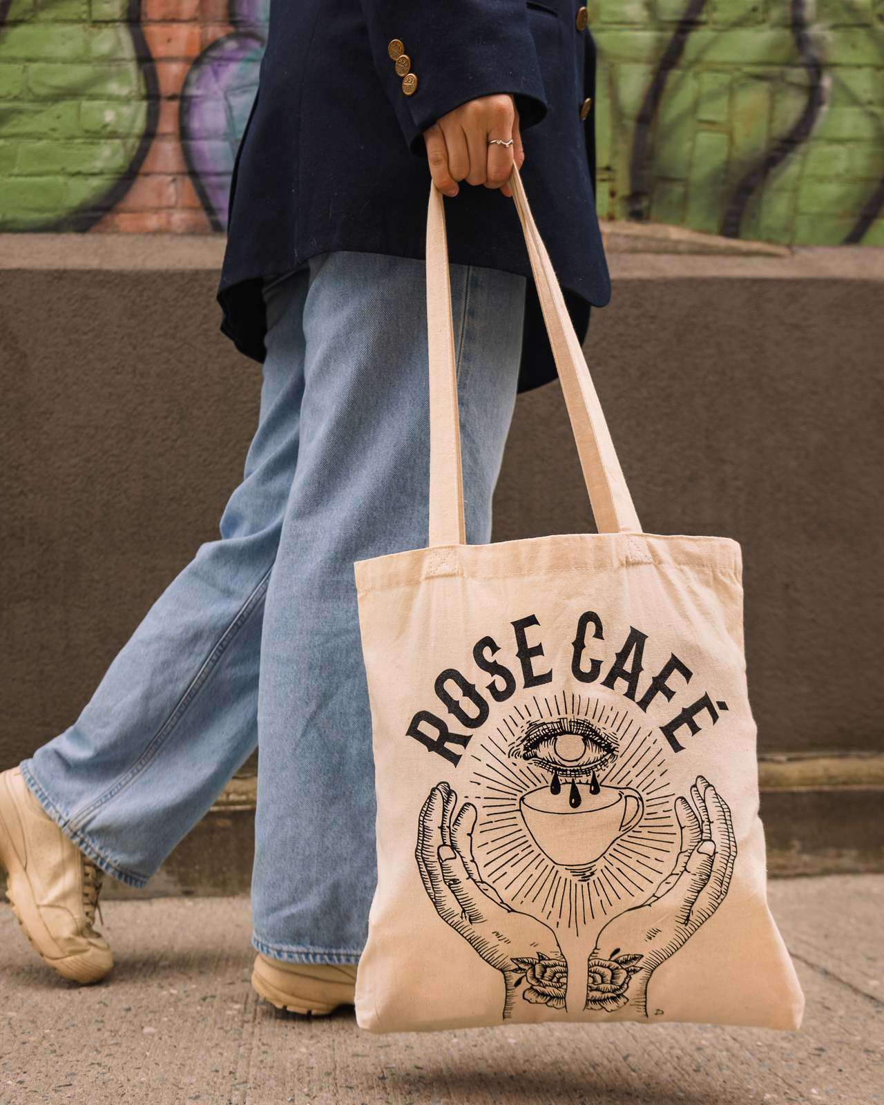 Close-up view of a tote bag for a product photoshoot