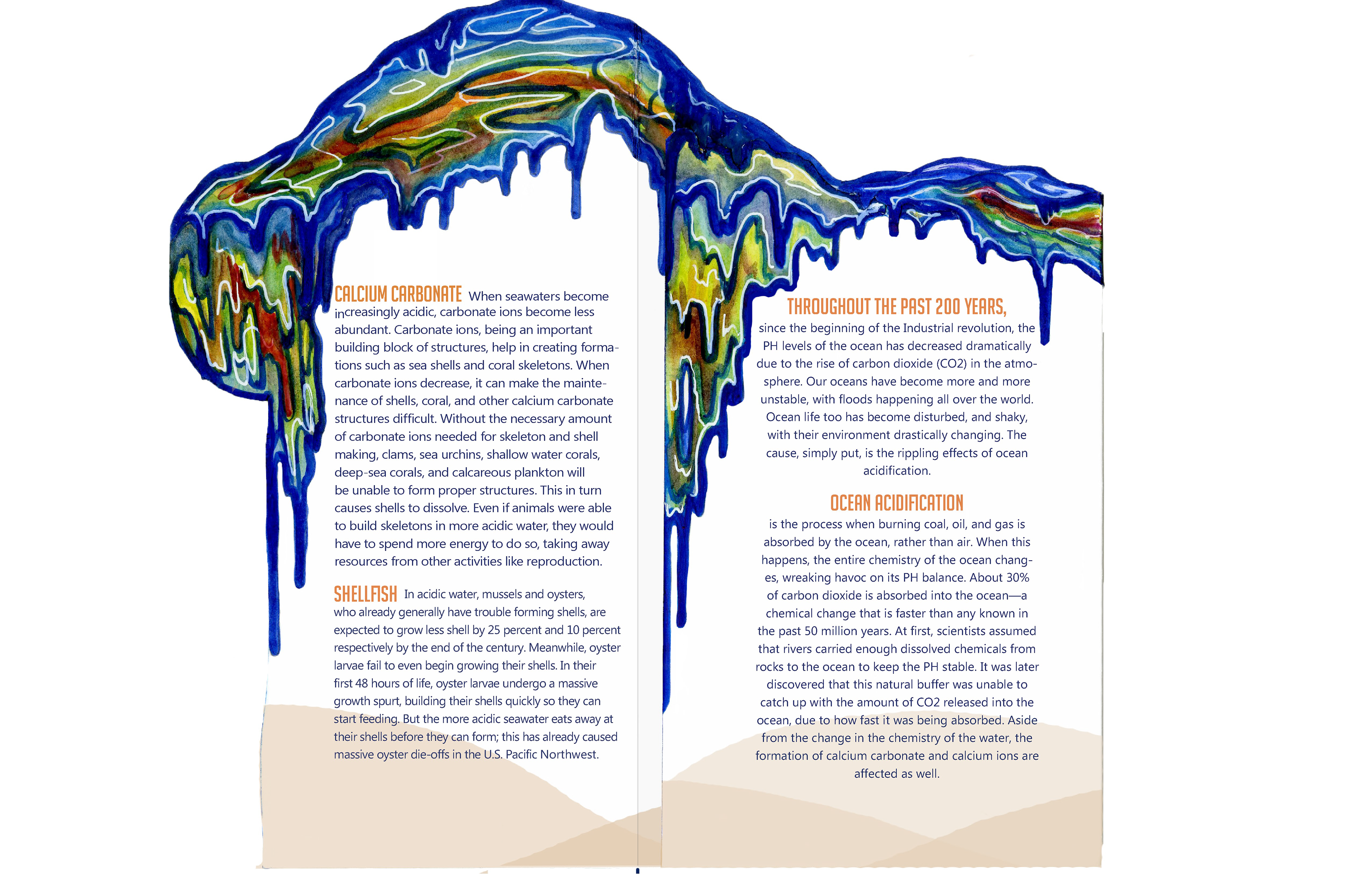 Pamphlet on Ocean Acidification - Half Open / Medium: Watercolor, ink, inDesign / Communications Design / 2020
